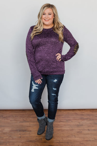 Just Enough Sequin Elbow Patch Sweater- Plum – The Pulse Boutique