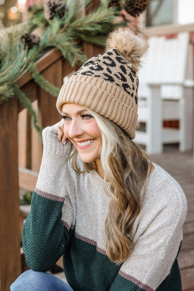 Leopard Pom Beanie - Tan – Impulse of Jasper