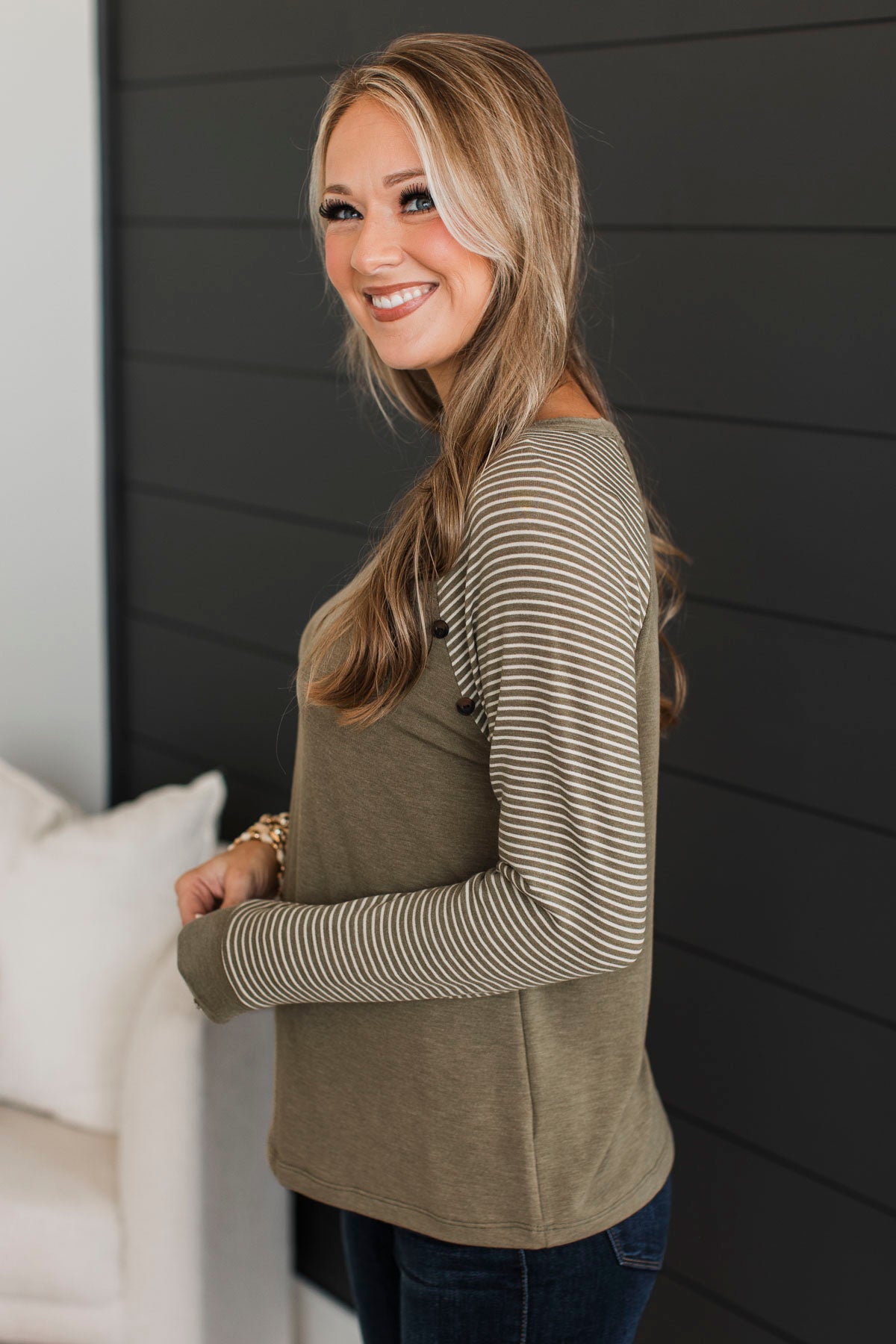 Remember This Moment Stripe Sleeve Top- Light Olive