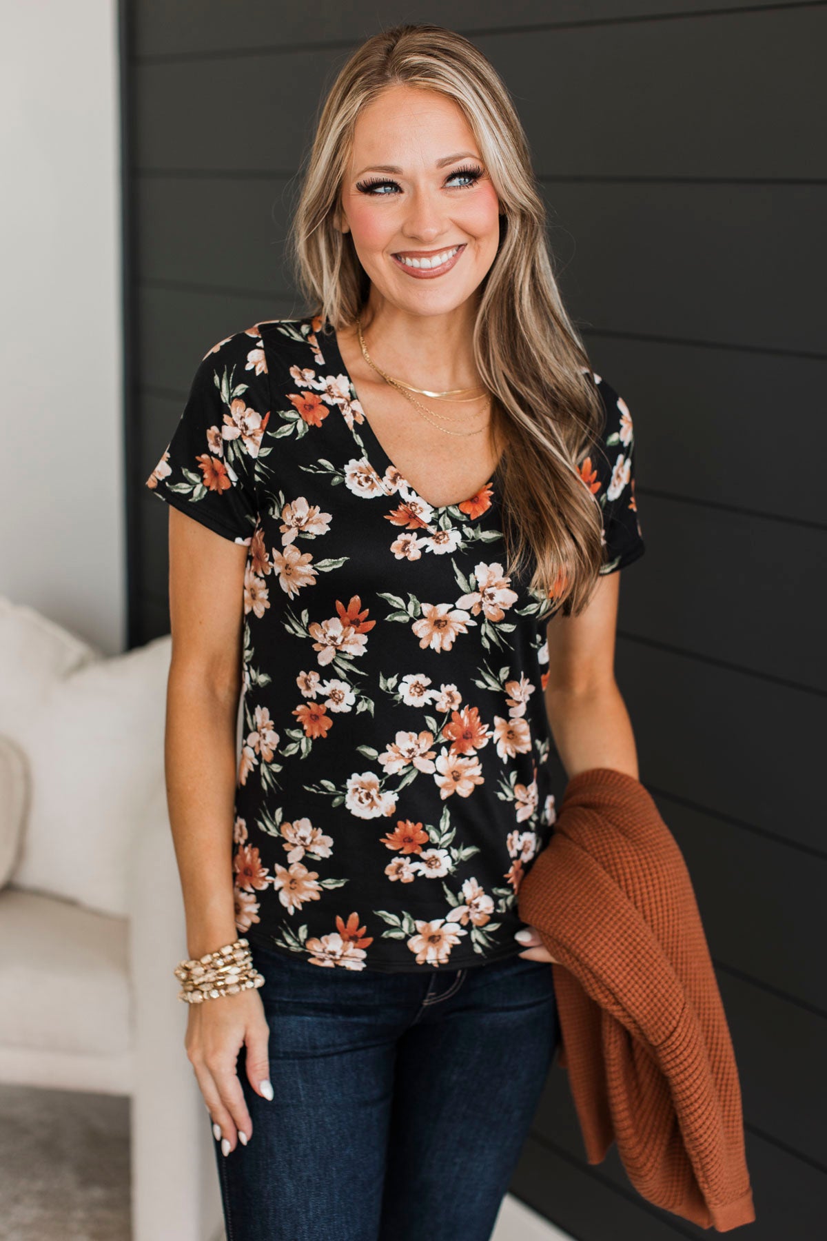 Always Beloved Short Sleeve Floral Top- Black