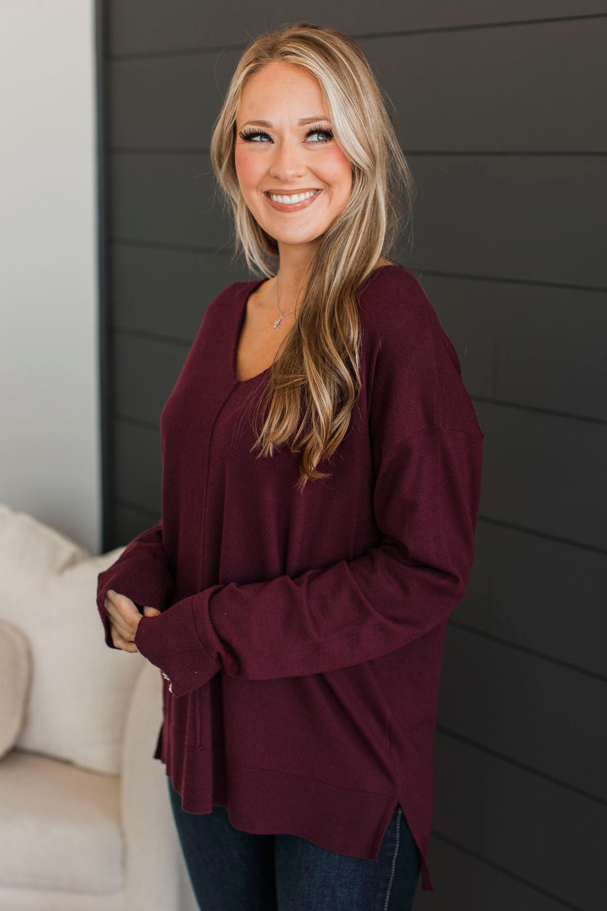 Looking Remarkable V-Neck Sweater- Wine