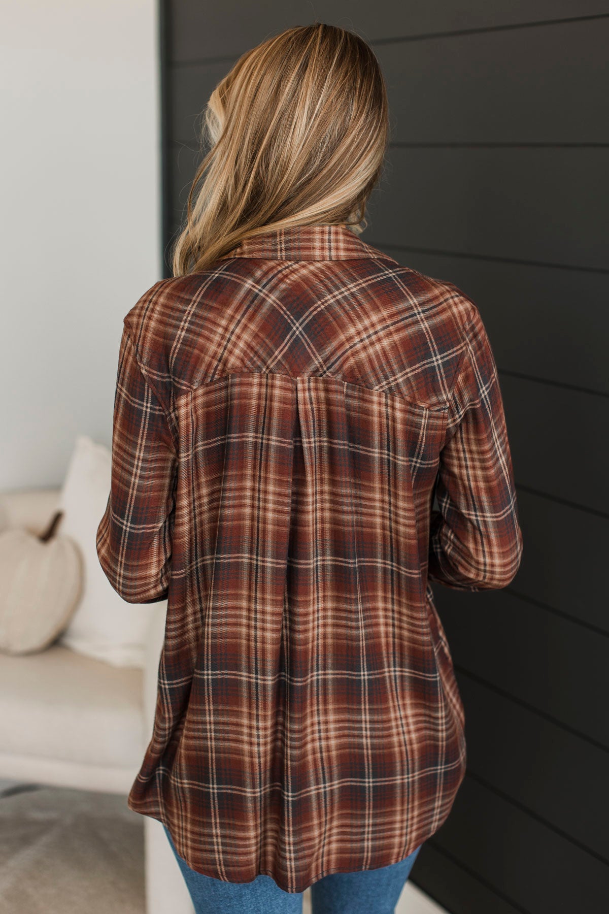 On A Journey Plaid Button Top- Burgundy