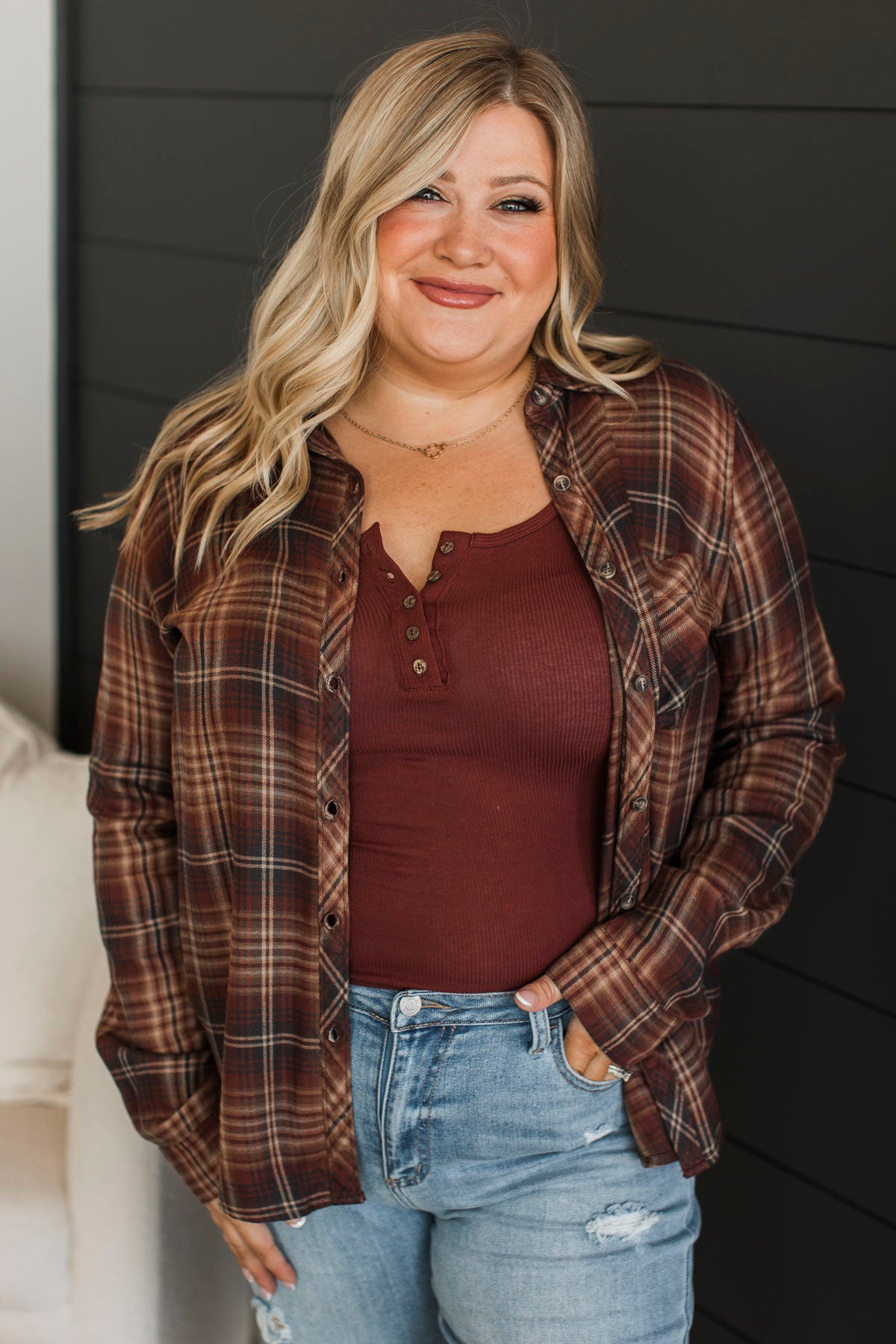 On A Journey Plaid Button Top- Burgundy