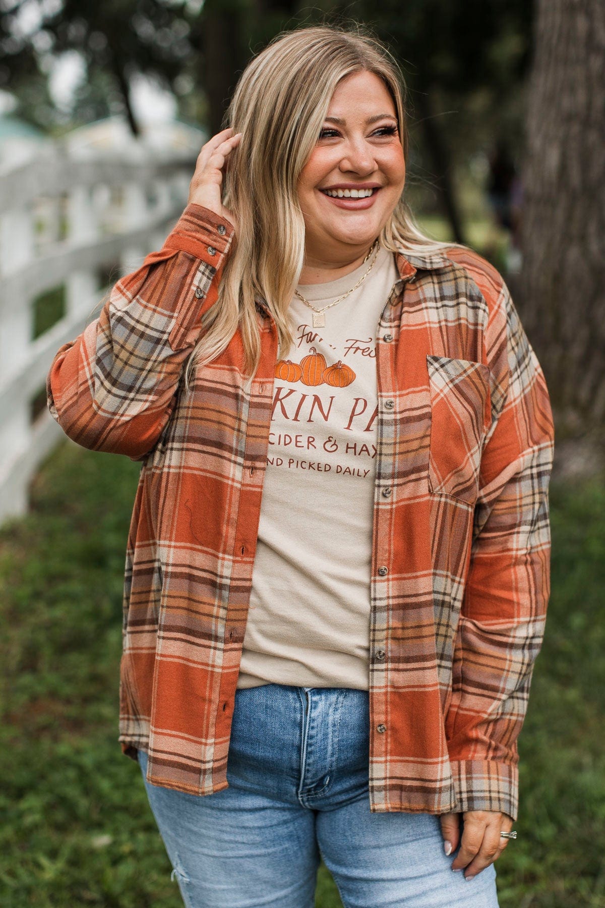 Here Again Plaid Button Top- Pumpkin