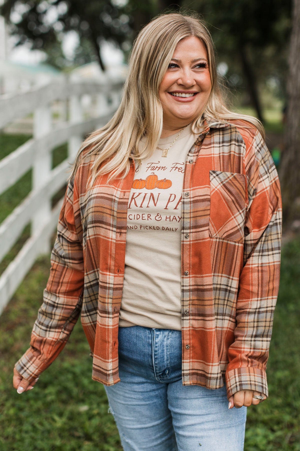 Here Again Plaid Button Top- Pumpkin