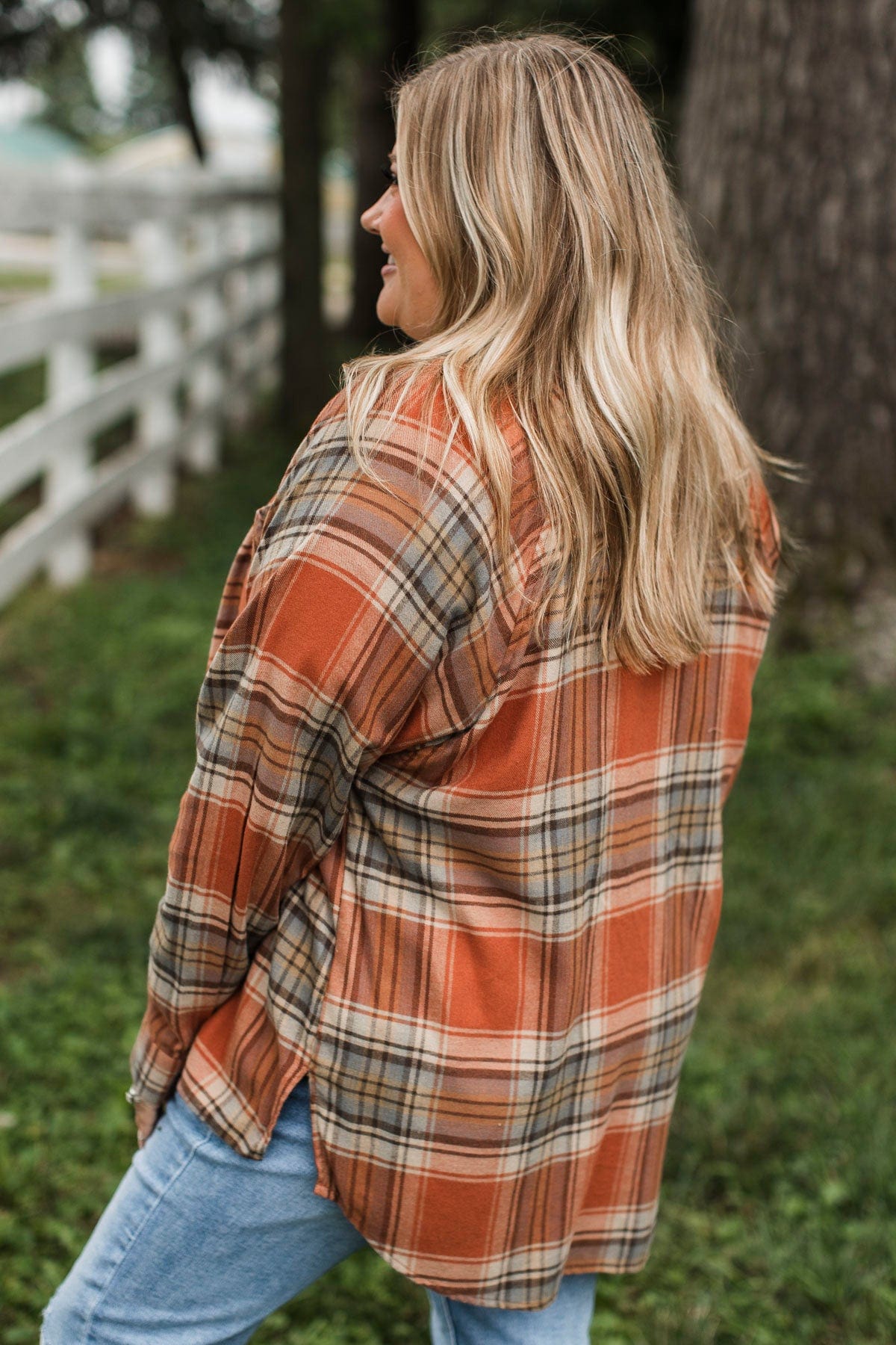 Here Again Plaid Button Top- Pumpkin