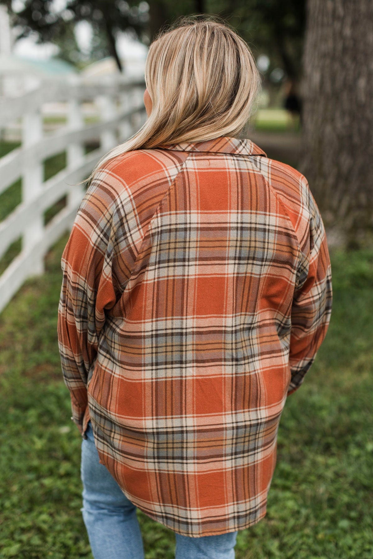 Here Again Plaid Button Top- Pumpkin