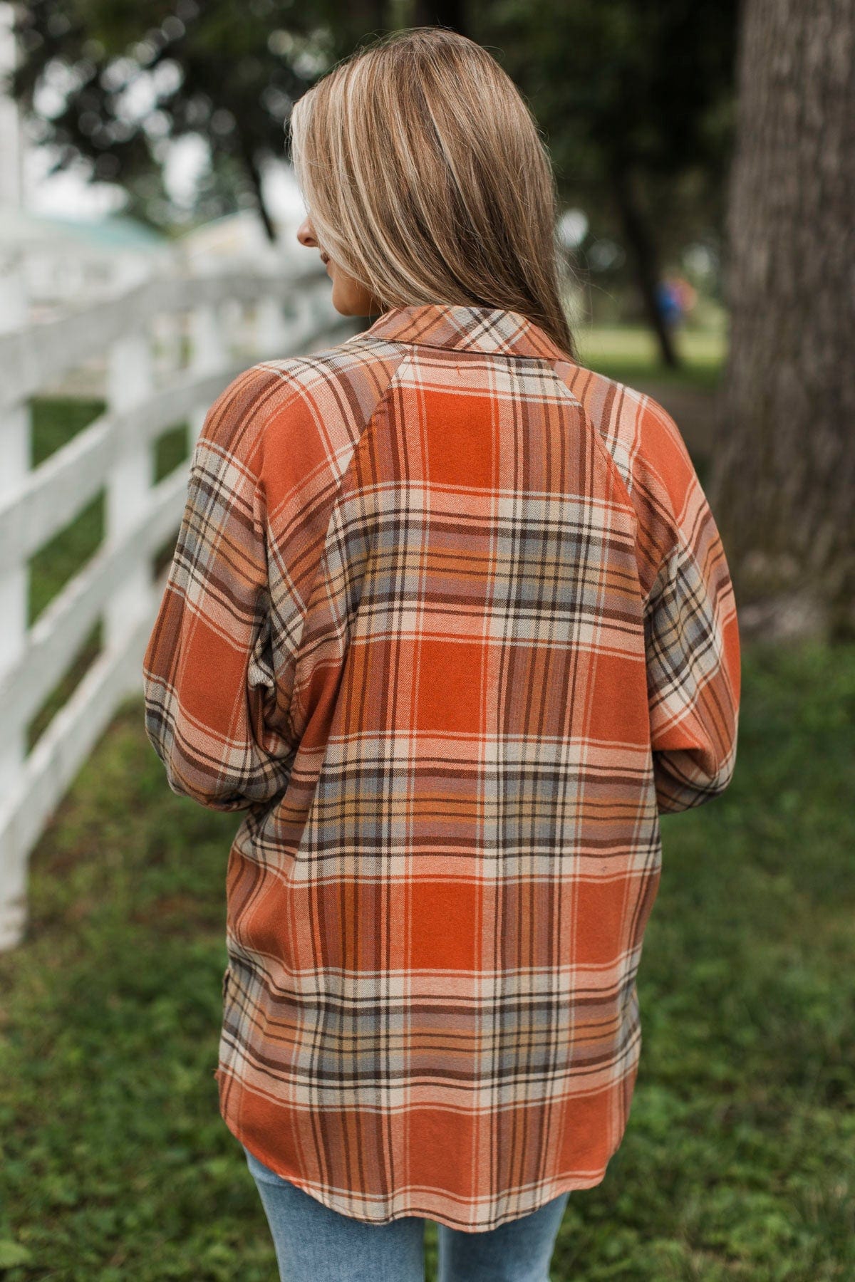 Here Again Plaid Button Top- Pumpkin