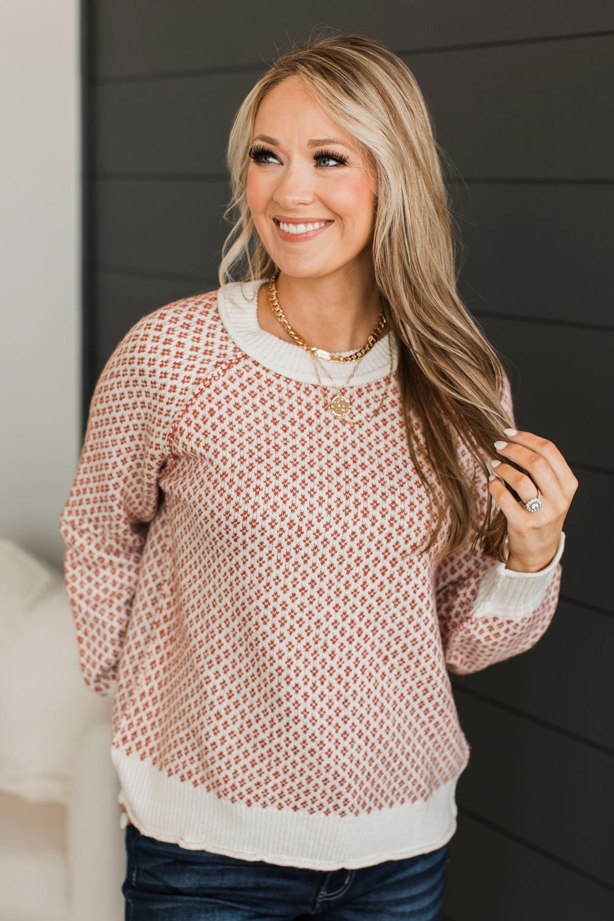 Just Stopping By Printed Knit Sweater- Cream & Rust