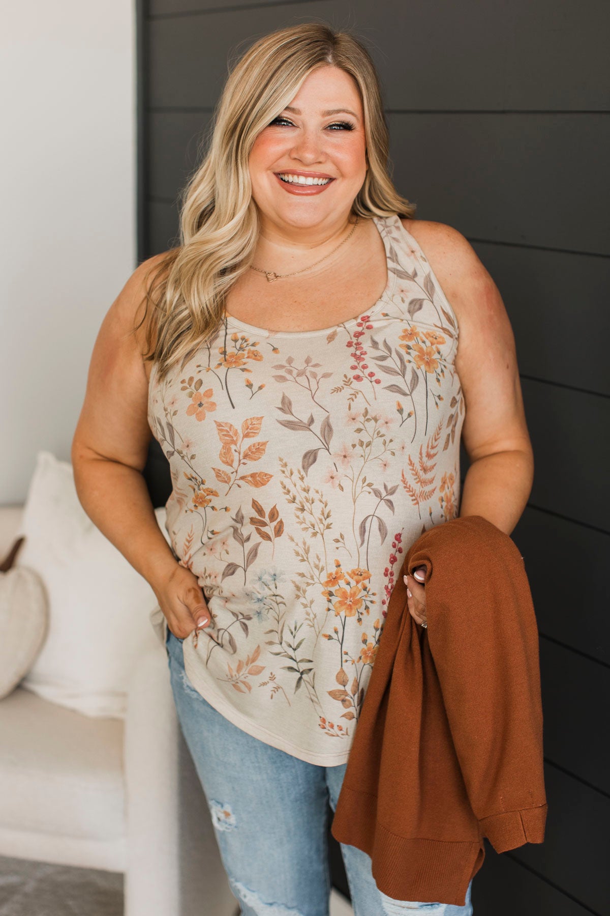 Figuring It Out Floral Tank Top- Light Taupe