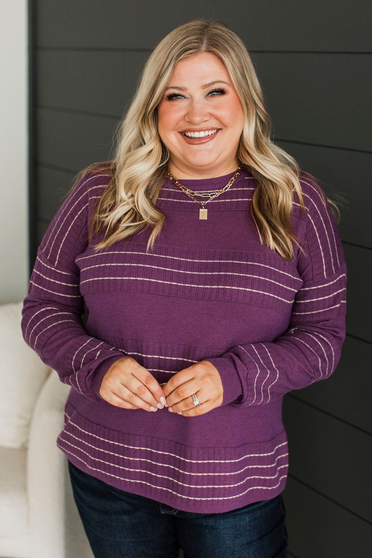 All At Once Stitch Stripe Sweater- Grape