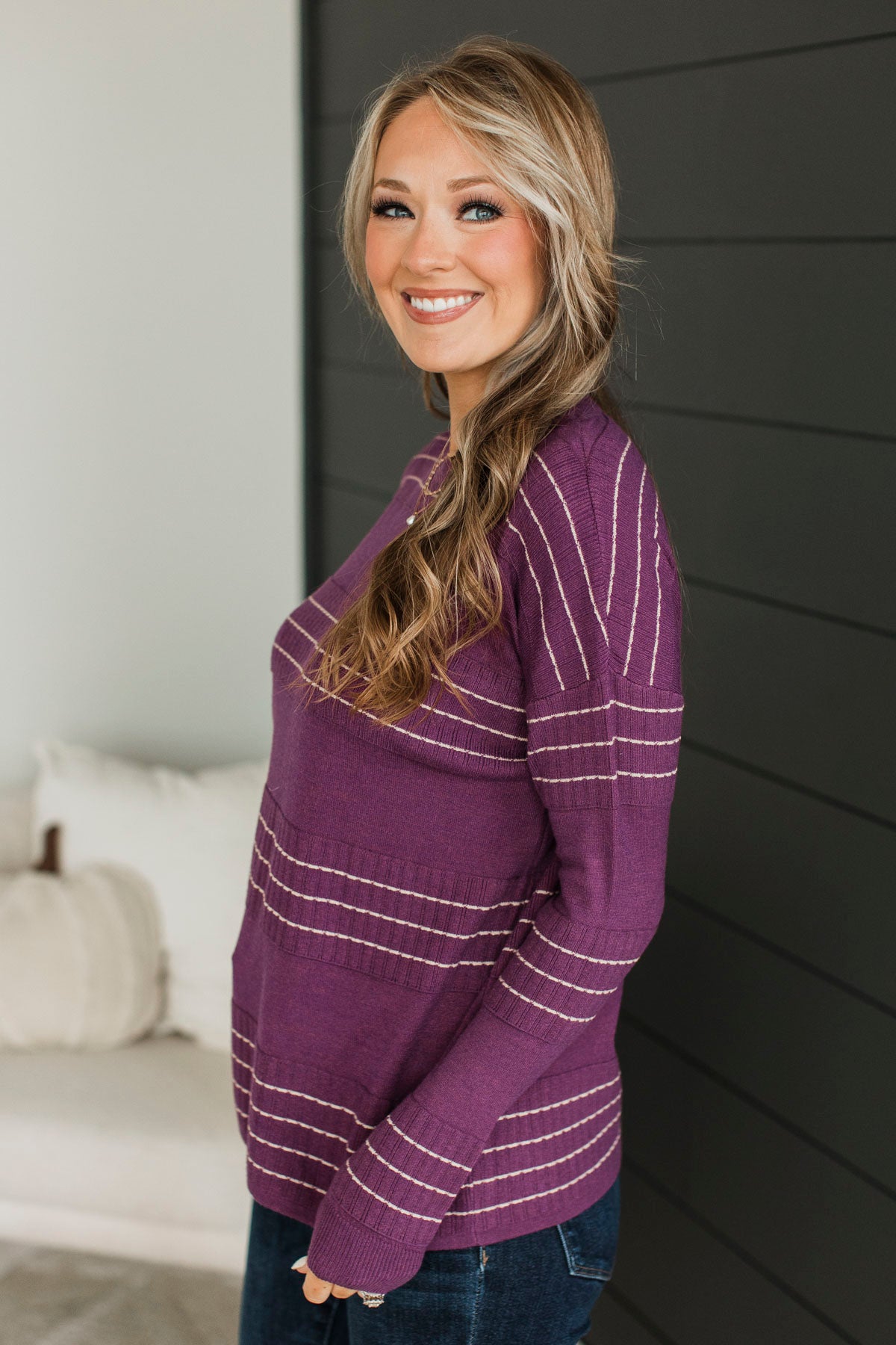 All At Once Stitch Stripe Sweater- Grape