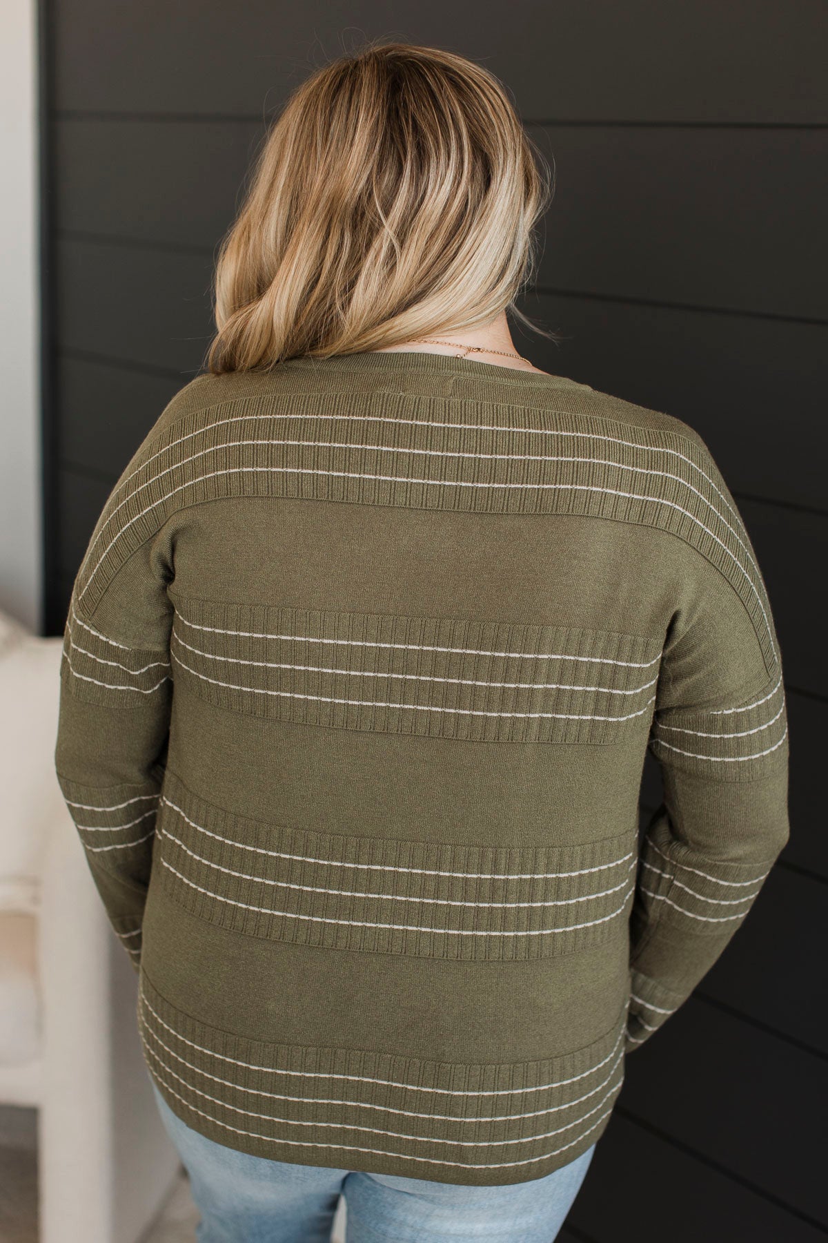 All At Once Stitch Stripe Sweater- Olive