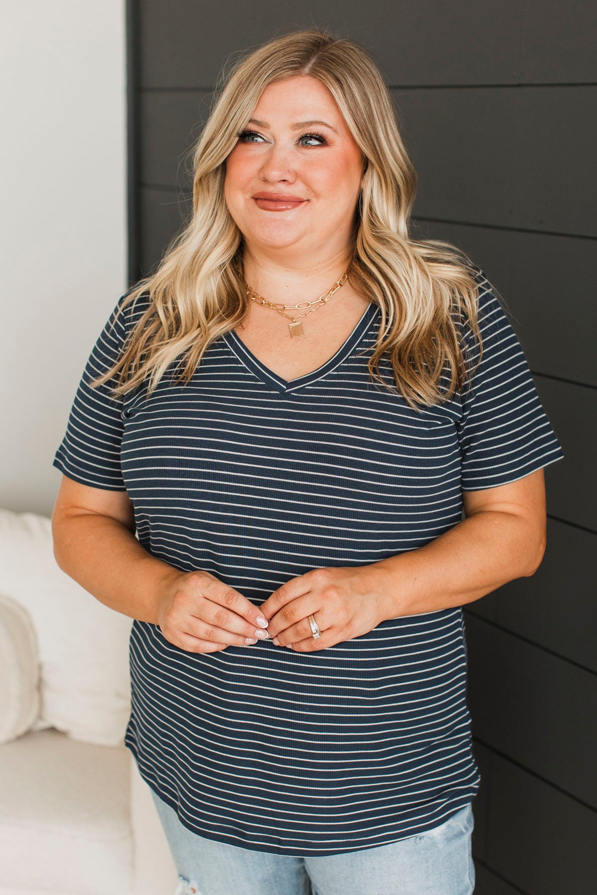 Radiate Confidence Striped V-Neck Top- Navy