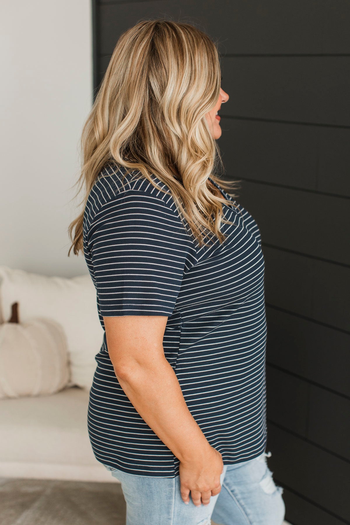 Radiate Confidence Striped V-Neck Top- Navy