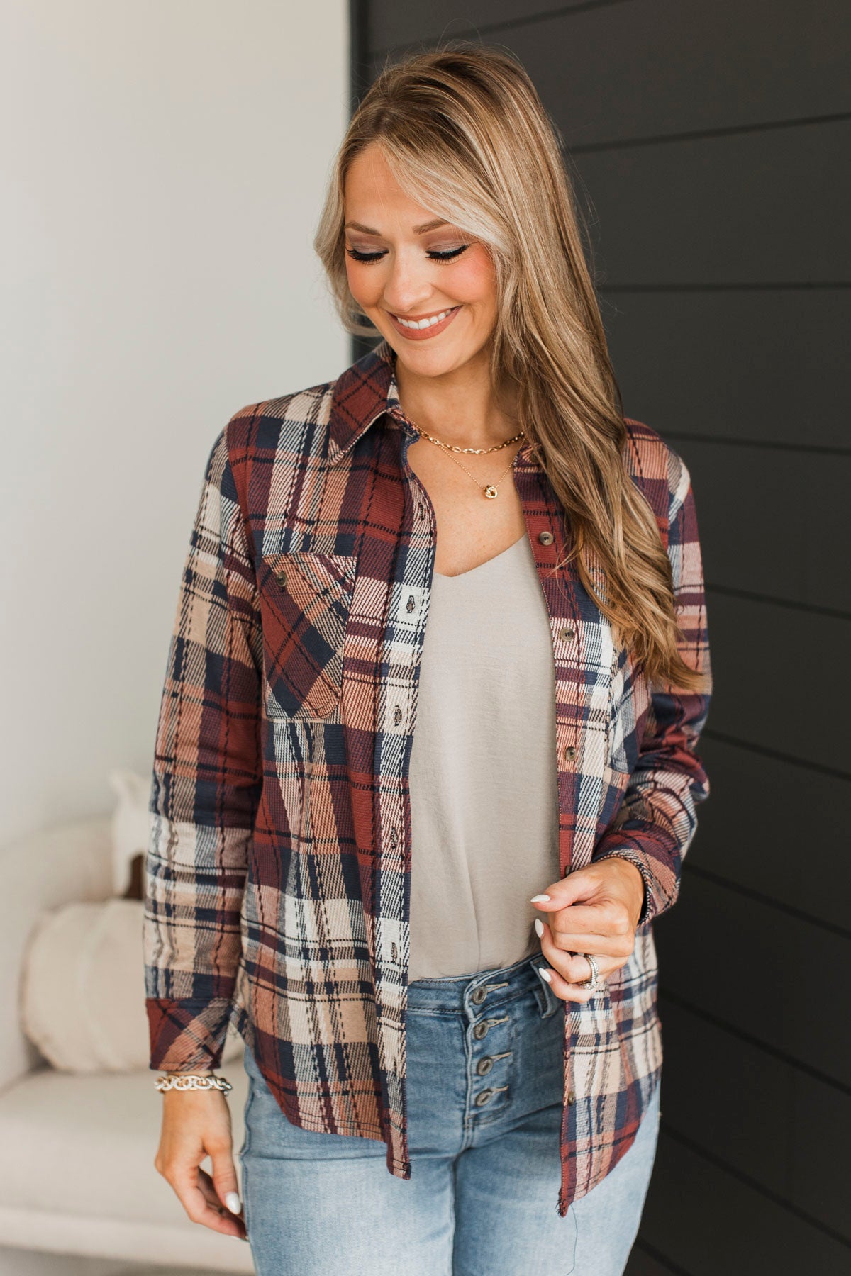 Admirable Actions Plaid Button Top- Brick & Navy