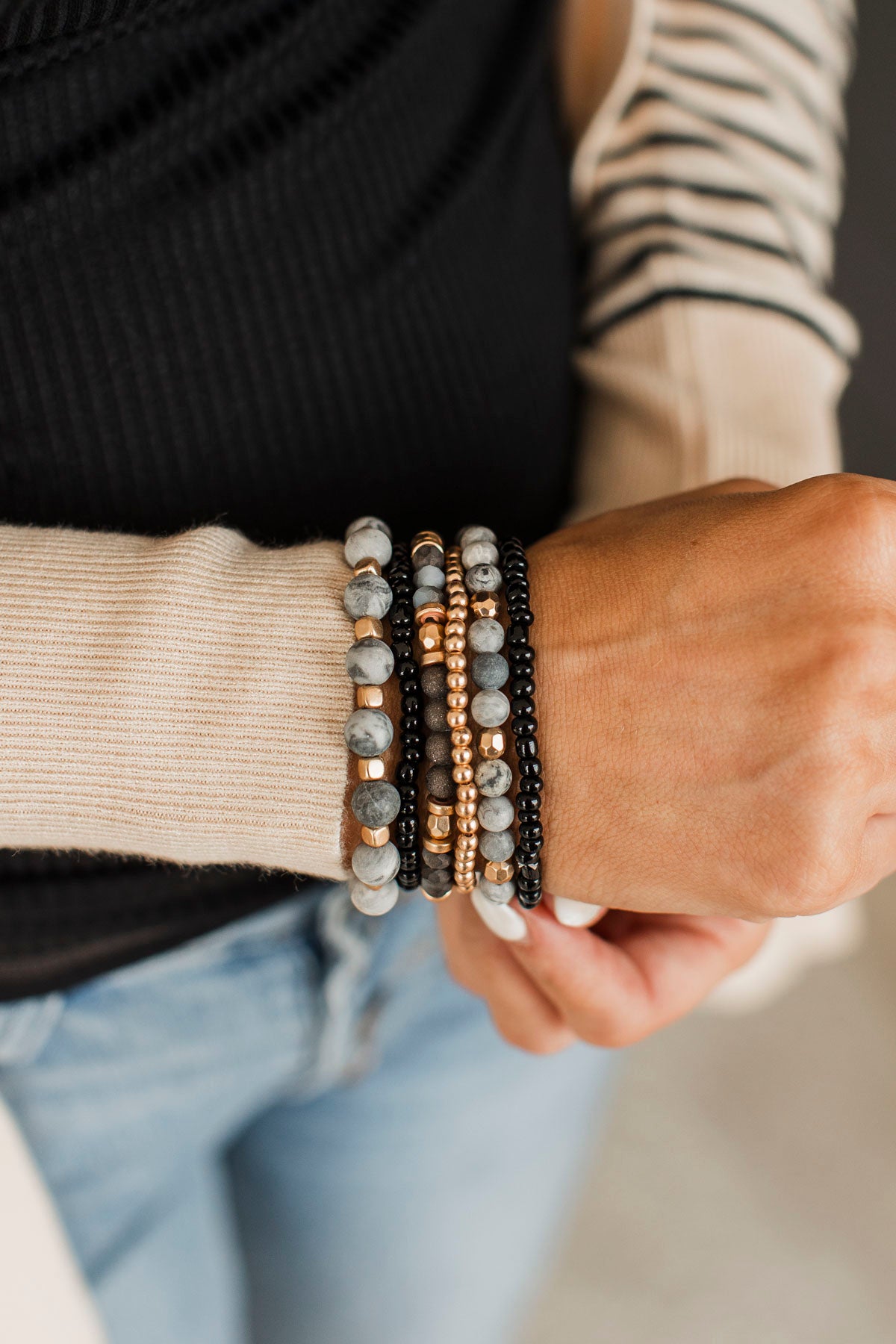 Staying Chic Beaded Bracelet Set- Black