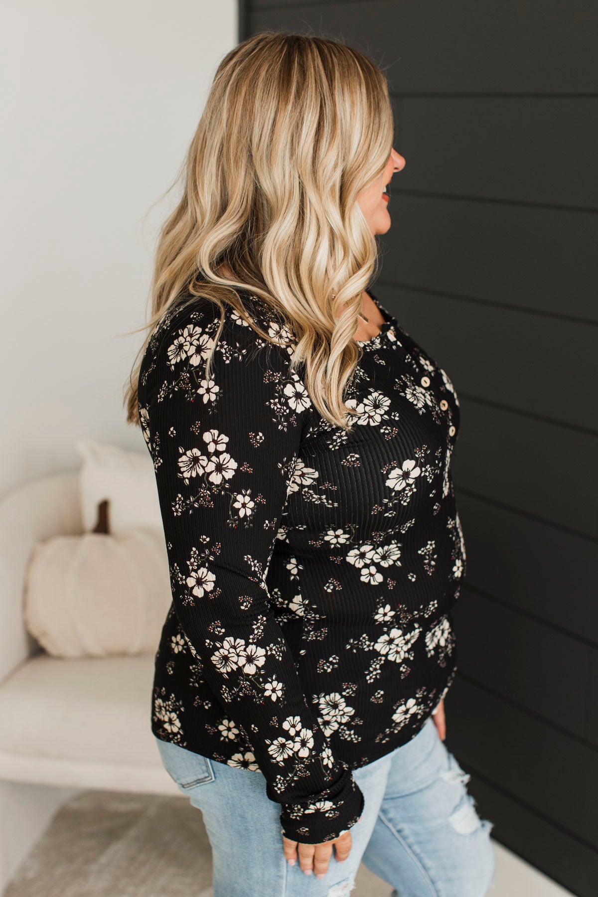 Real Love Lasts Floral Henley Top- Black & Taupe