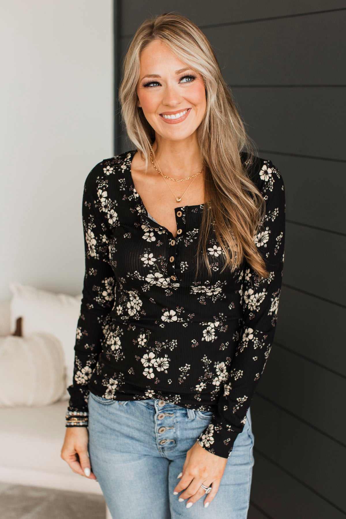 Real Love Lasts Floral Henley Top- Black & Taupe