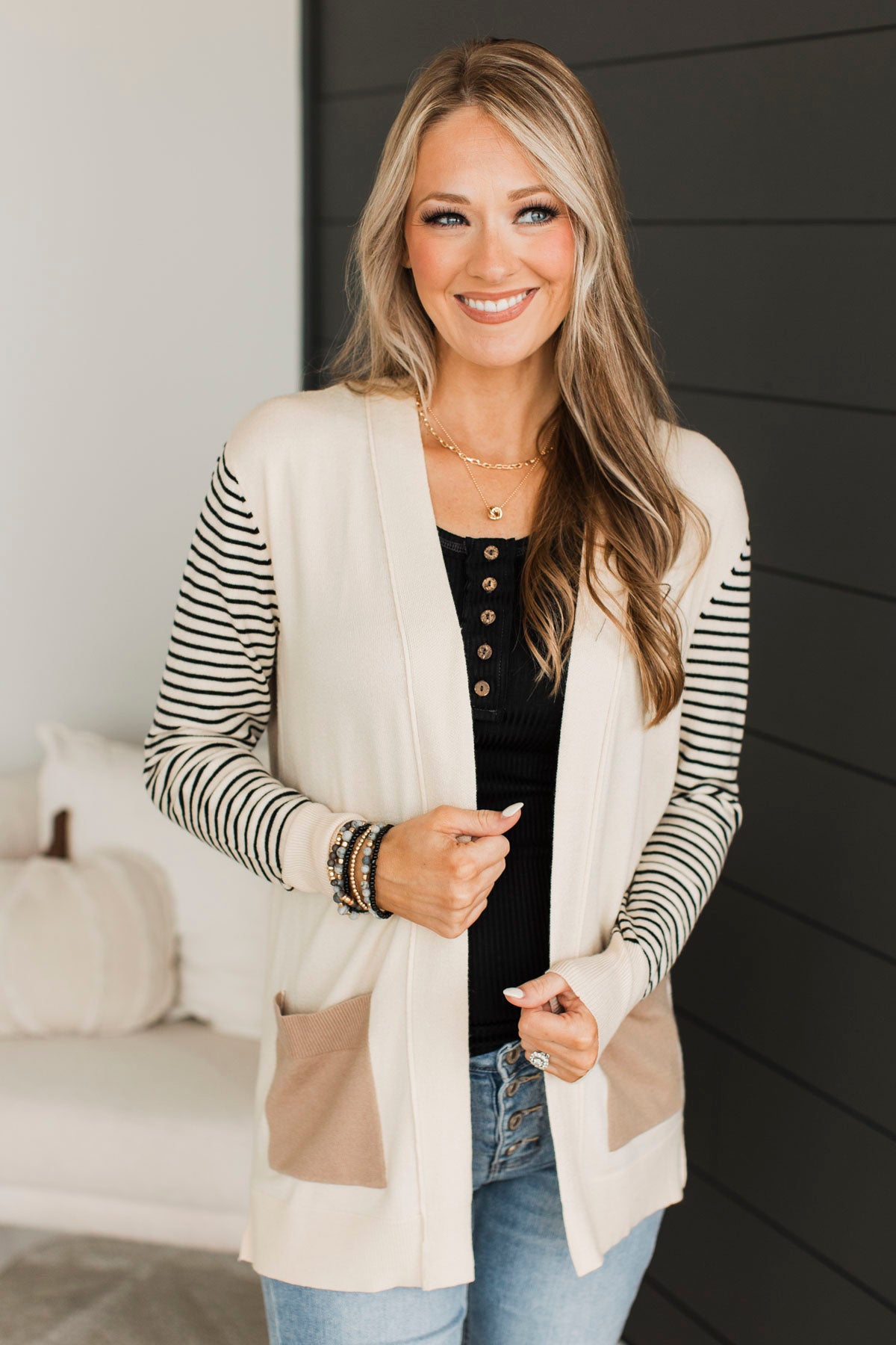 Find Me Here Open Front Cardigan- Taupe & Cream