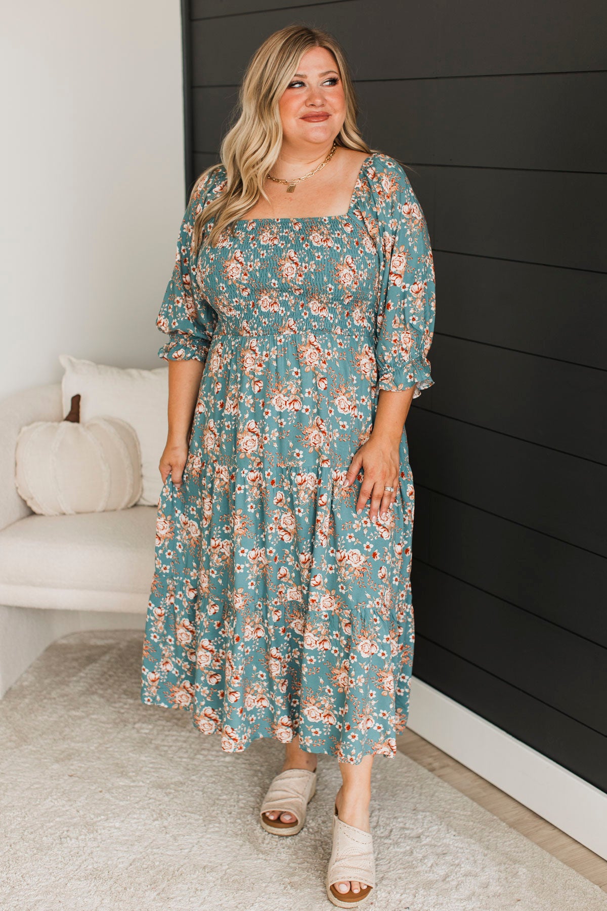 Romantic Spark Floral Midi Dress- Teal