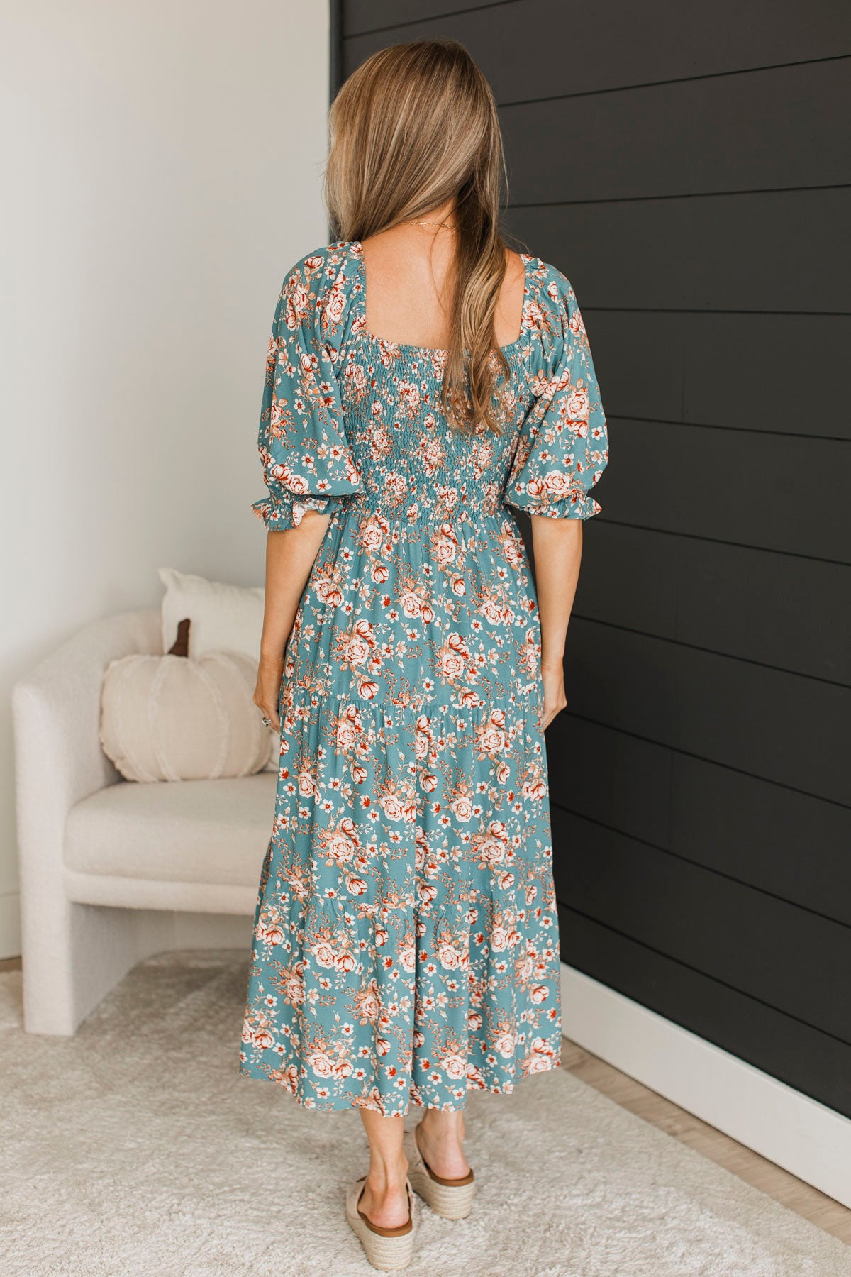 Romantic Spark Floral Midi Dress- Teal