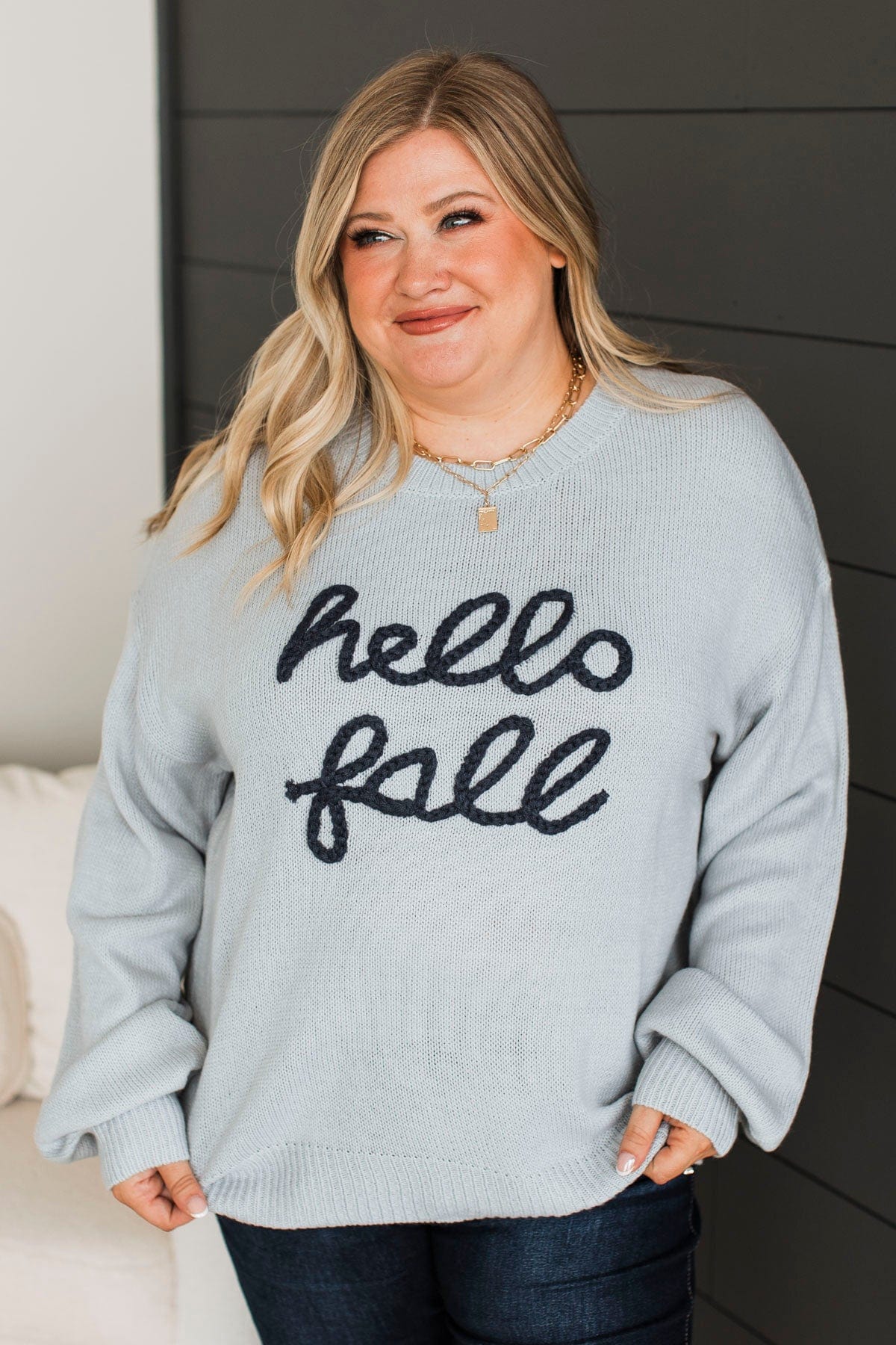 "Hello Fall" Embroidered Knit Sweater- Light Dusty Blue