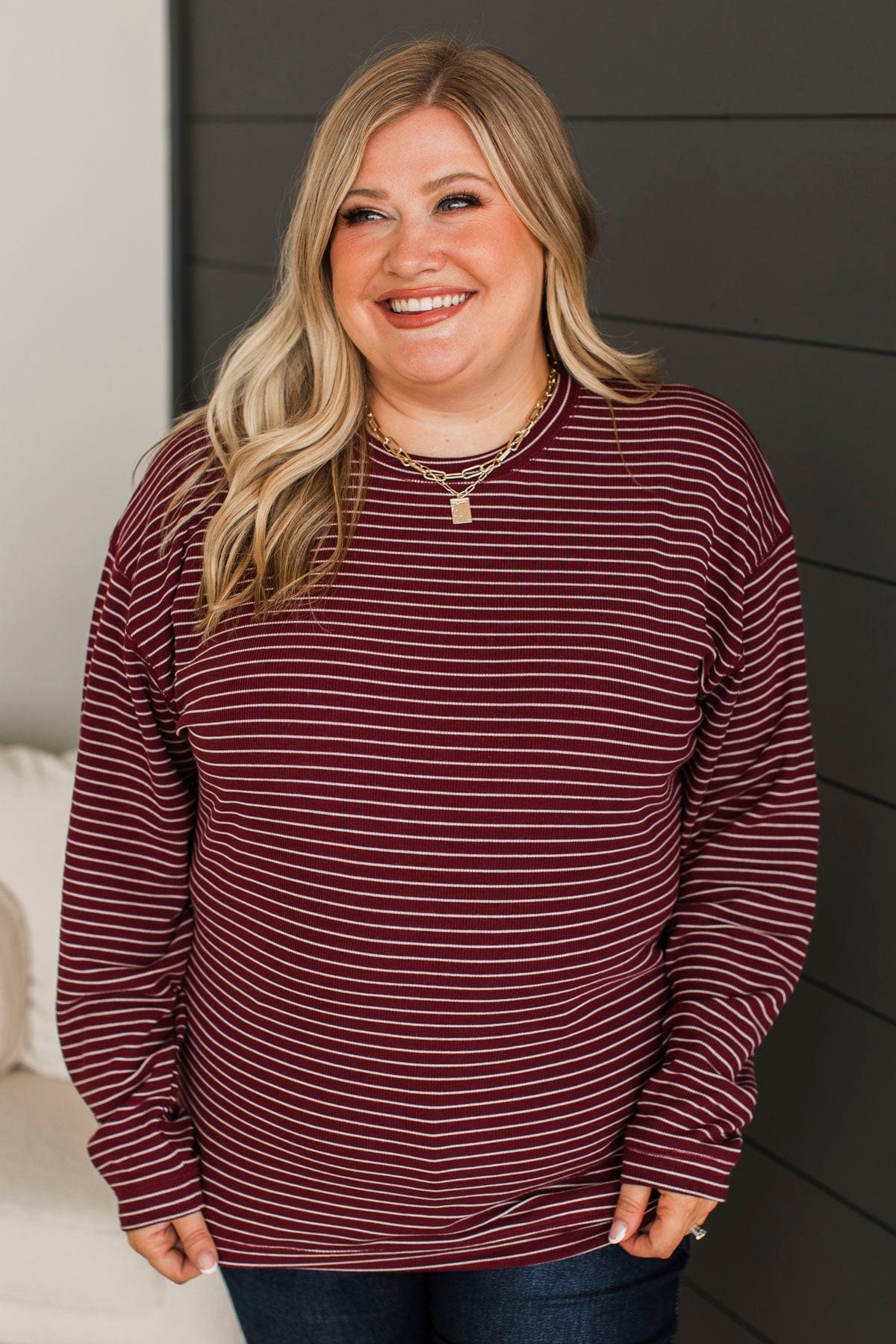 Brighten My Day Striped Pullover Top- Burgundy