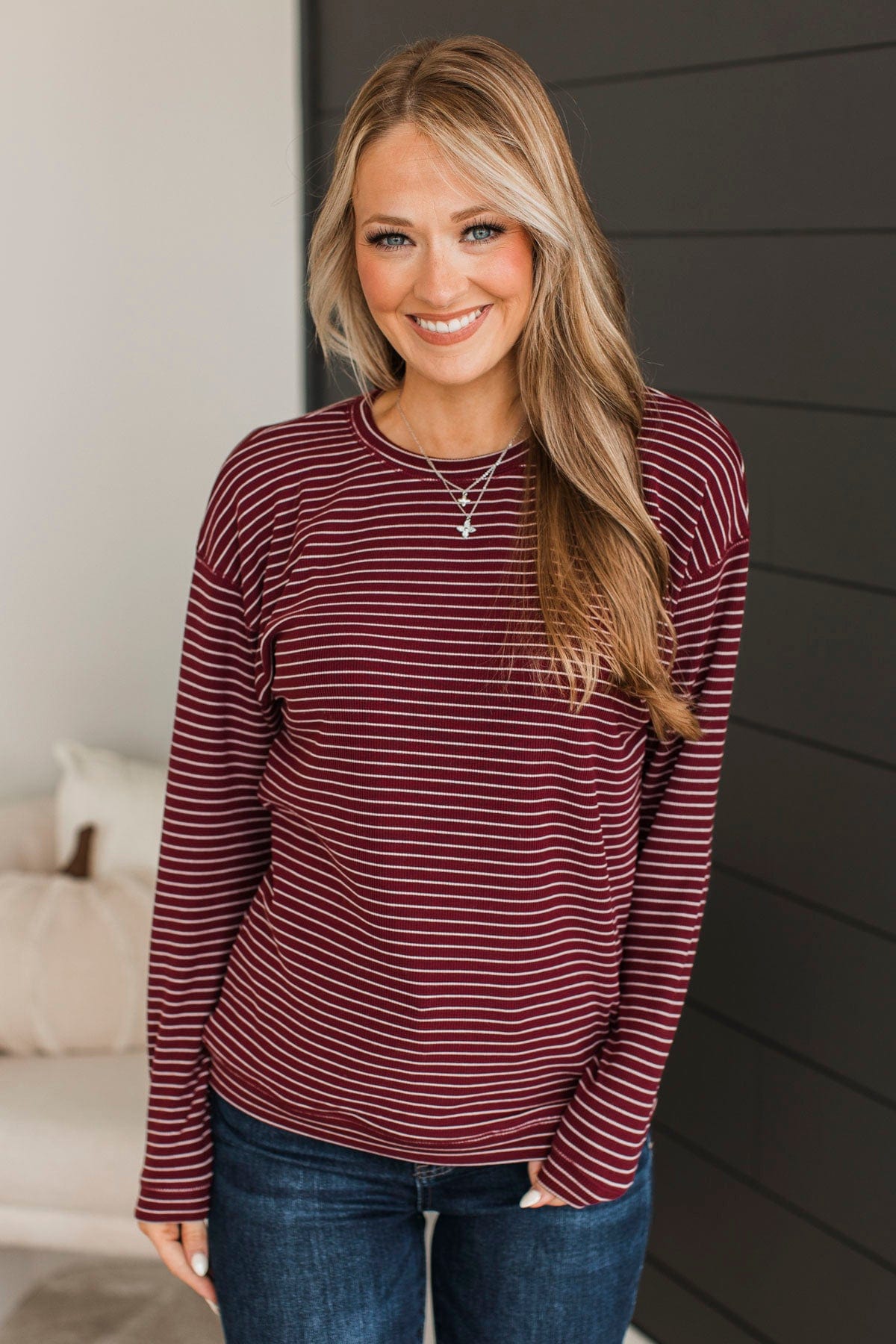 Brighten My Day Striped Pullover Top- Burgundy