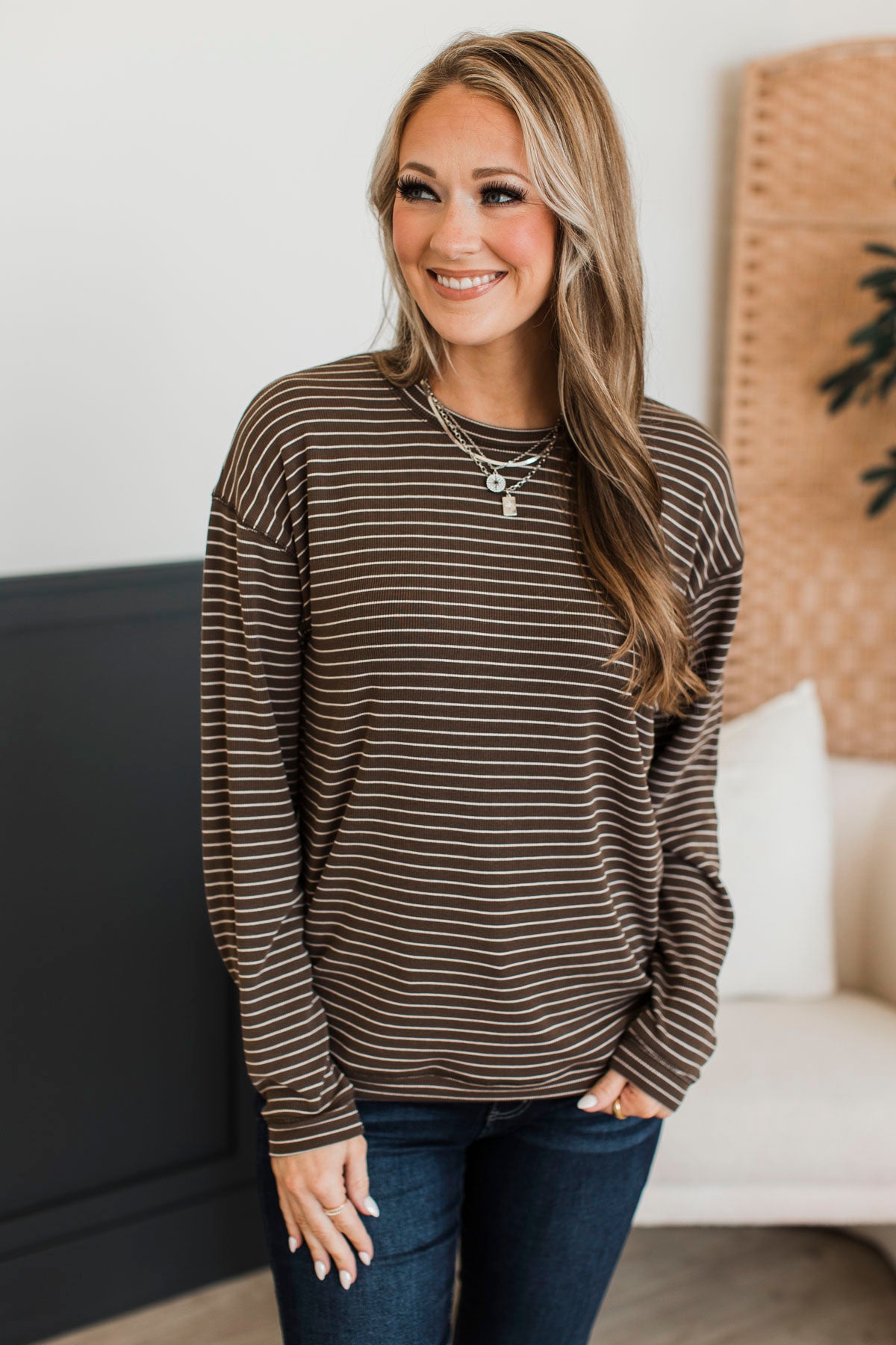 Brighten My Day Striped Pullover Top- Brown