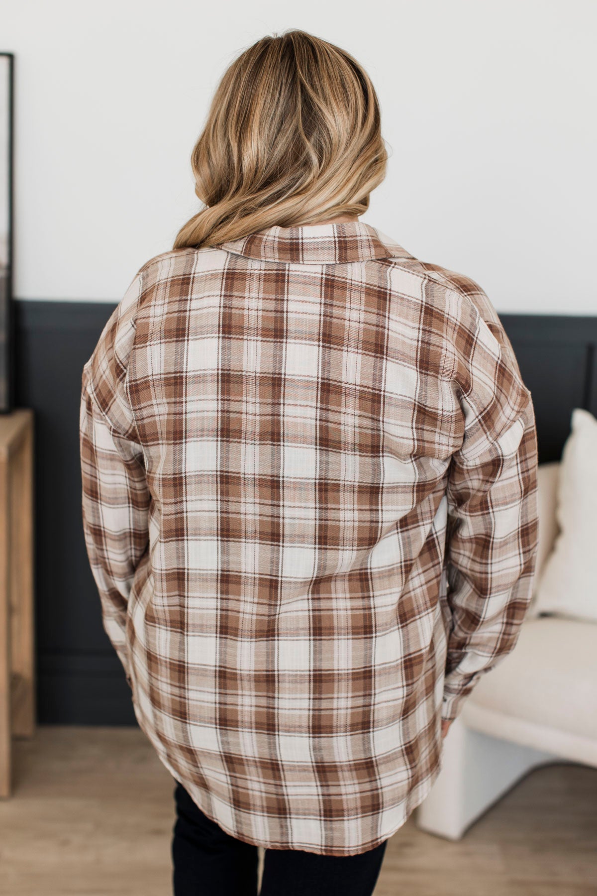 Searching For Silver Linings Plaid Button Top- Ivory & Mocha