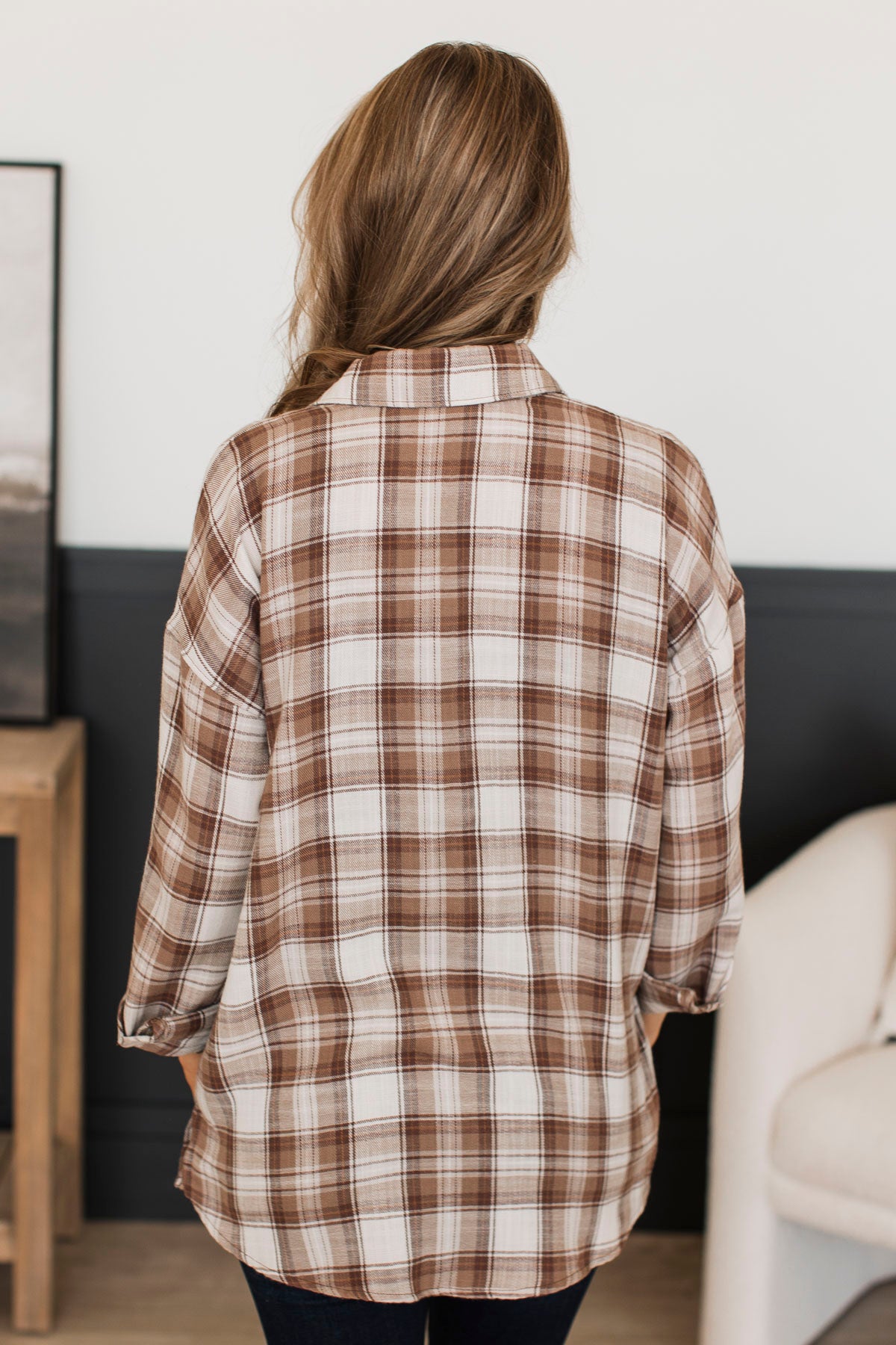 Searching For Silver Linings Plaid Button Top- Ivory & Mocha