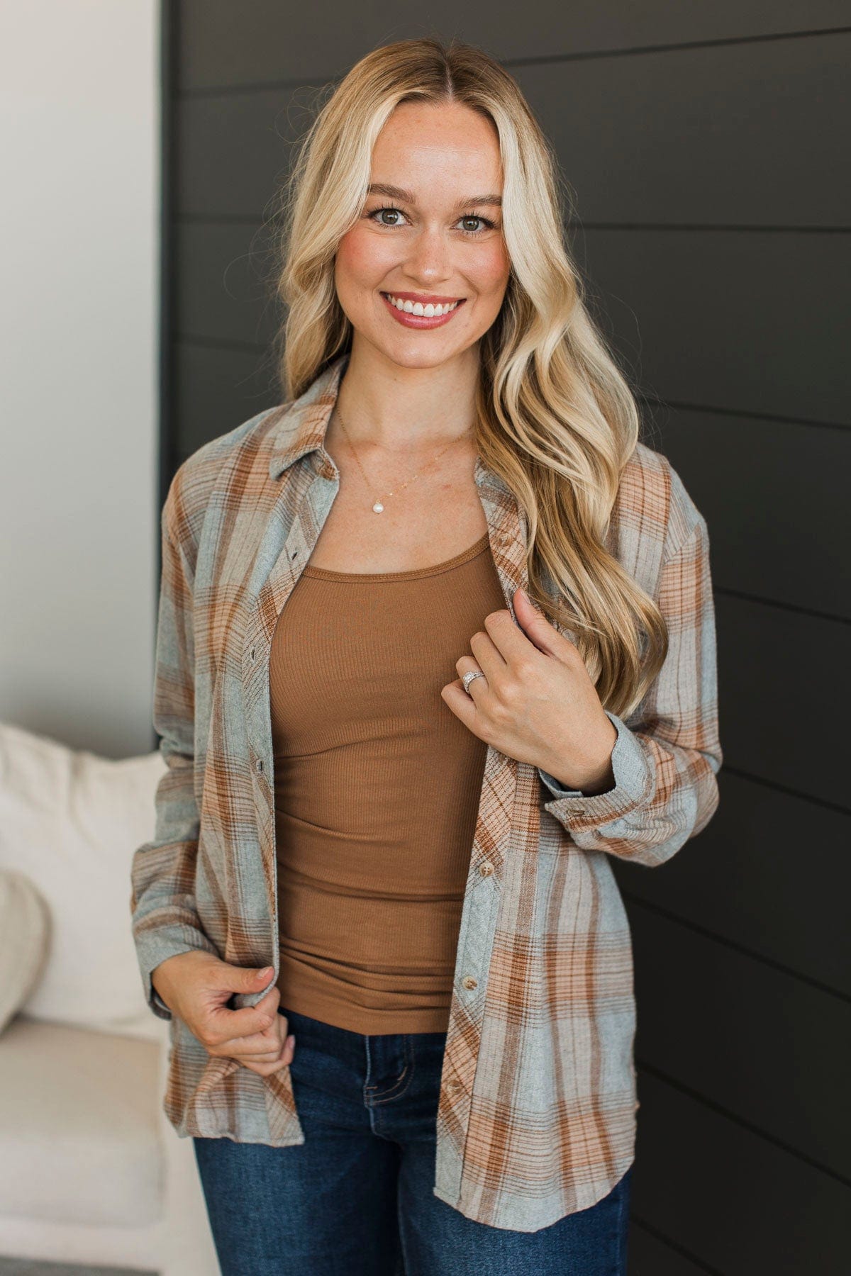 Matter Of Fact Plaid Button Top- Cool Grey & Caramel