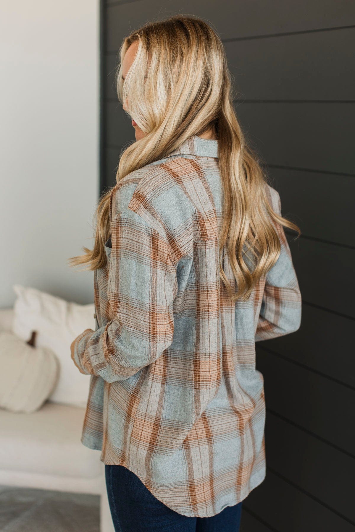 Matter Of Fact Plaid Button Top- Cool Grey & Caramel