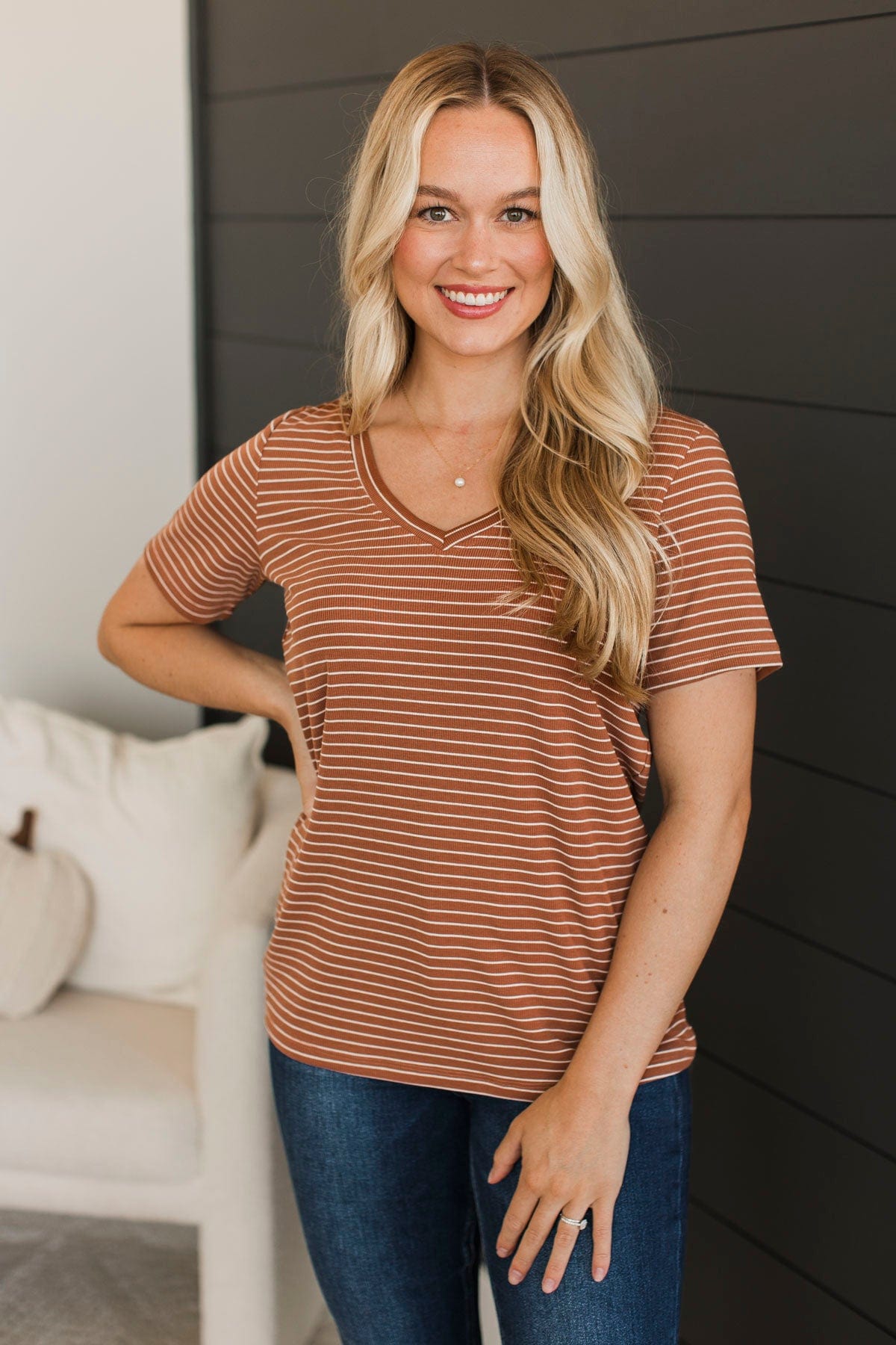 Radiate Confidence Striped V-Neck Top- Rust