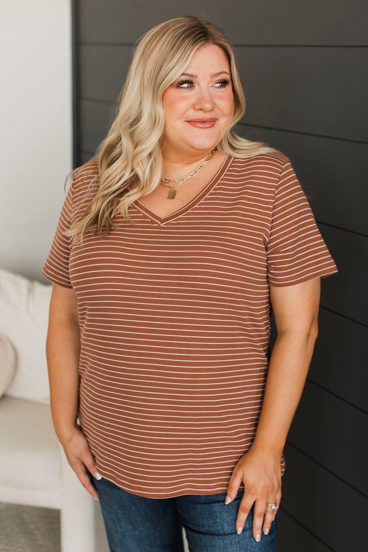 Radiate Confidence Striped V-Neck Top- Rust