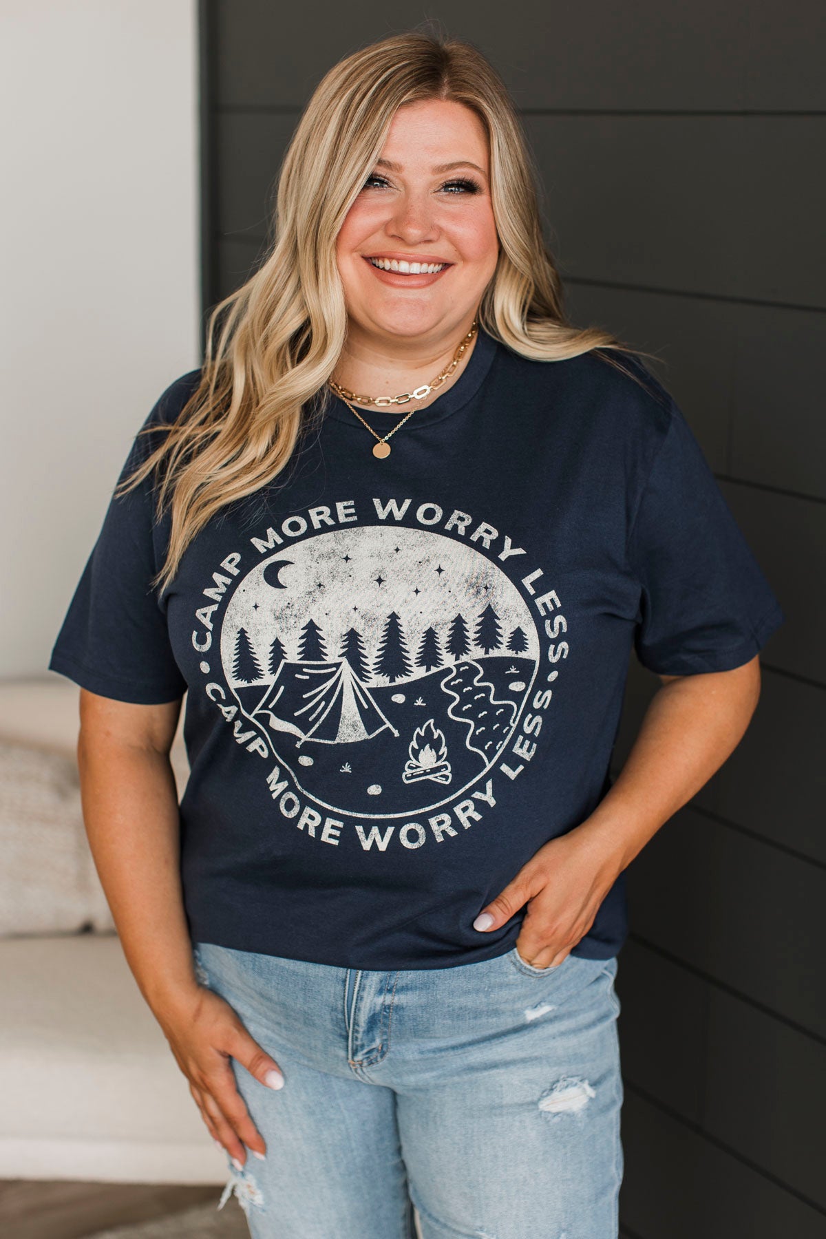 "Camp More, Worry Less" Graphic Tee- Navy