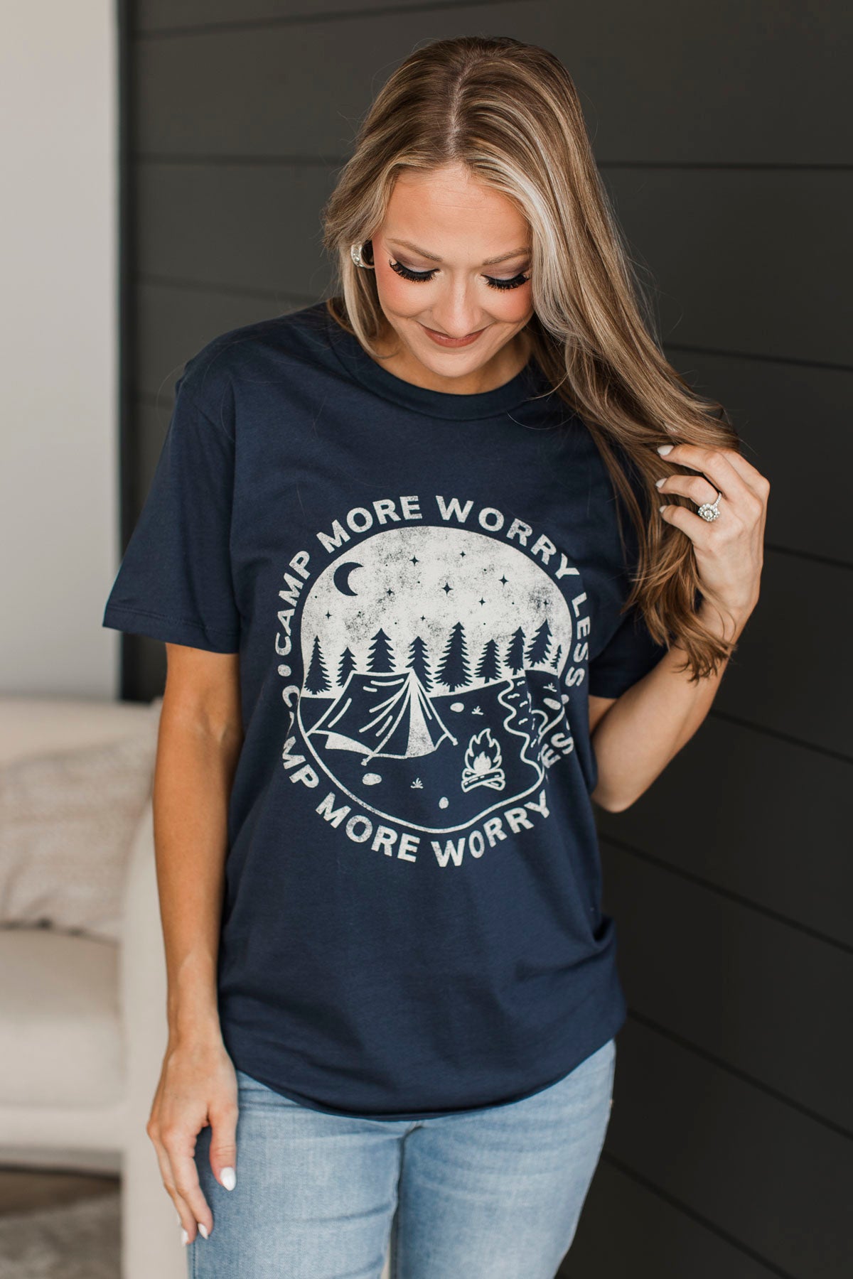 "Camp More, Worry Less" Graphic Tee- Navy