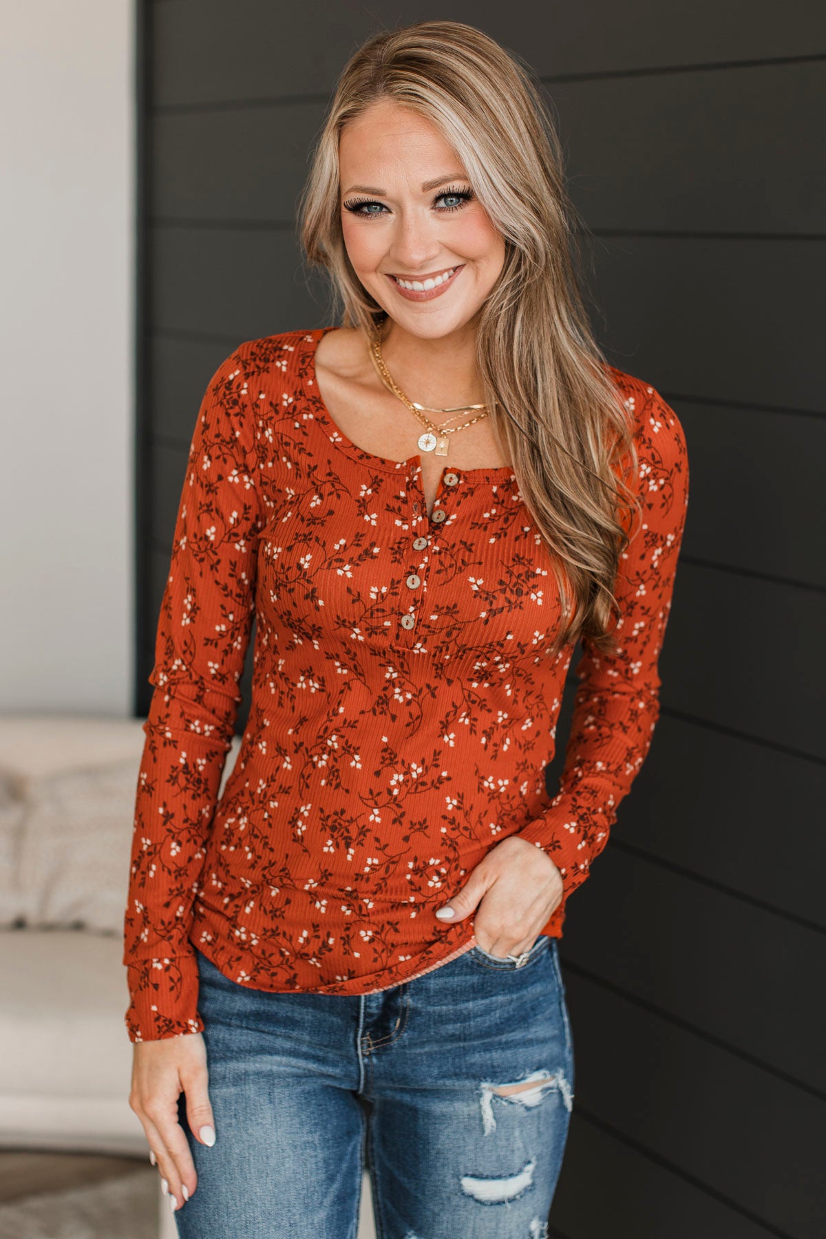 Real Love Lasts Floral Henley Top- Rust