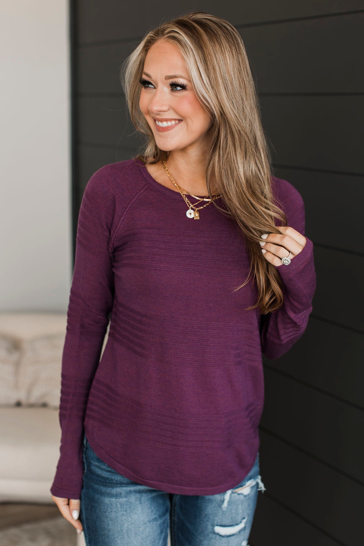 Feeling The Best Striped Knit Sweater- Plum