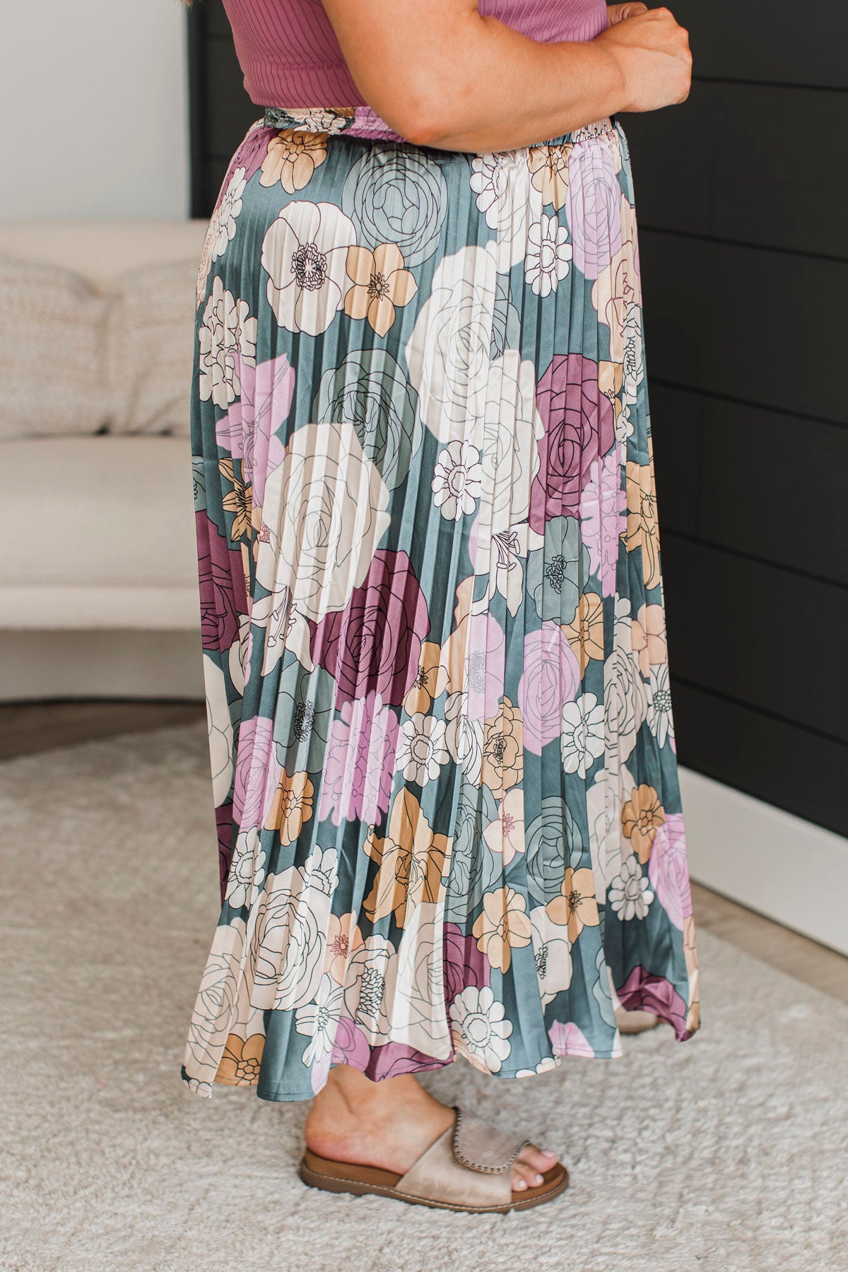 Perfect Like You Pleated Floral Skirt- Teal