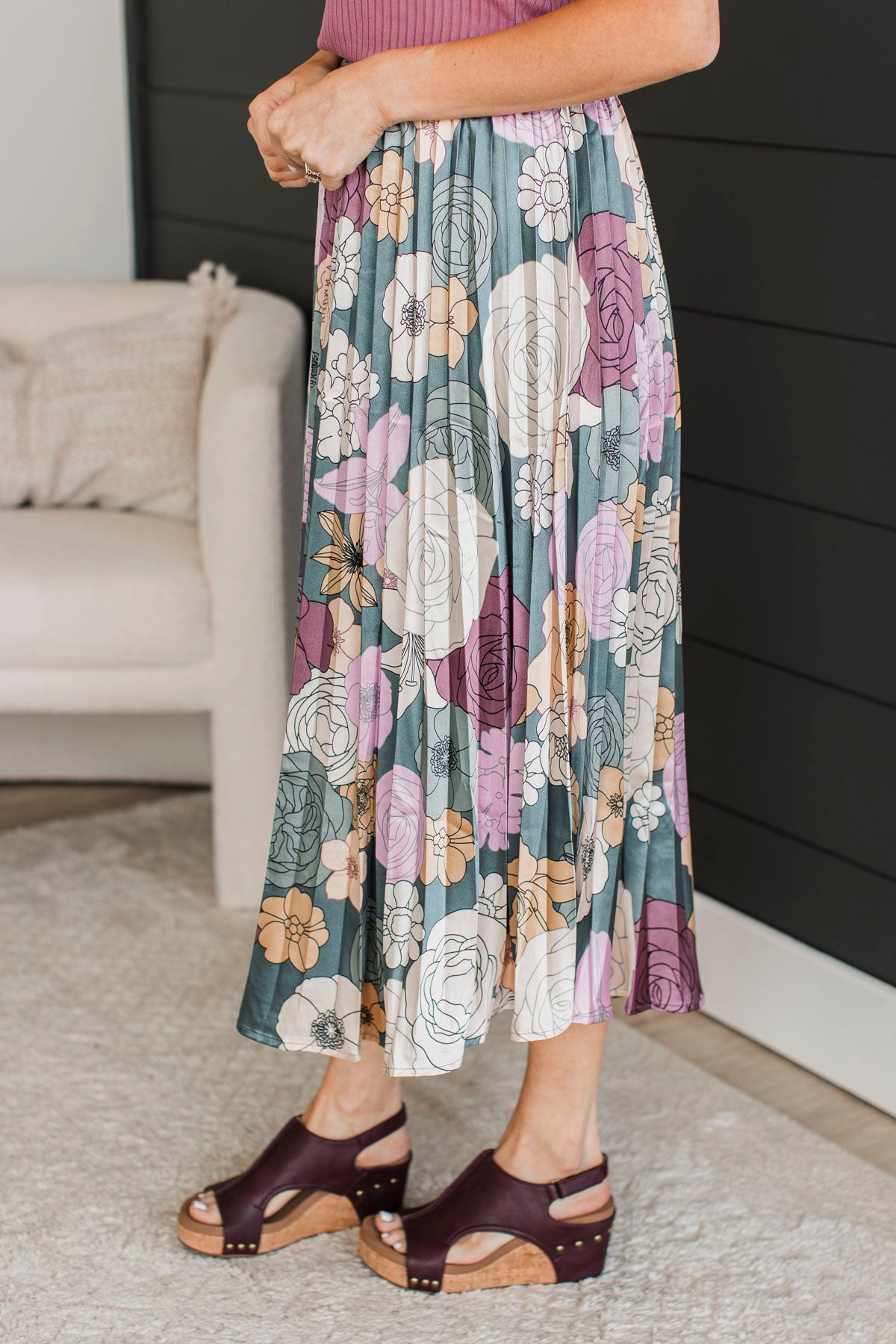 Perfect Like You Pleated Floral Skirt- Teal