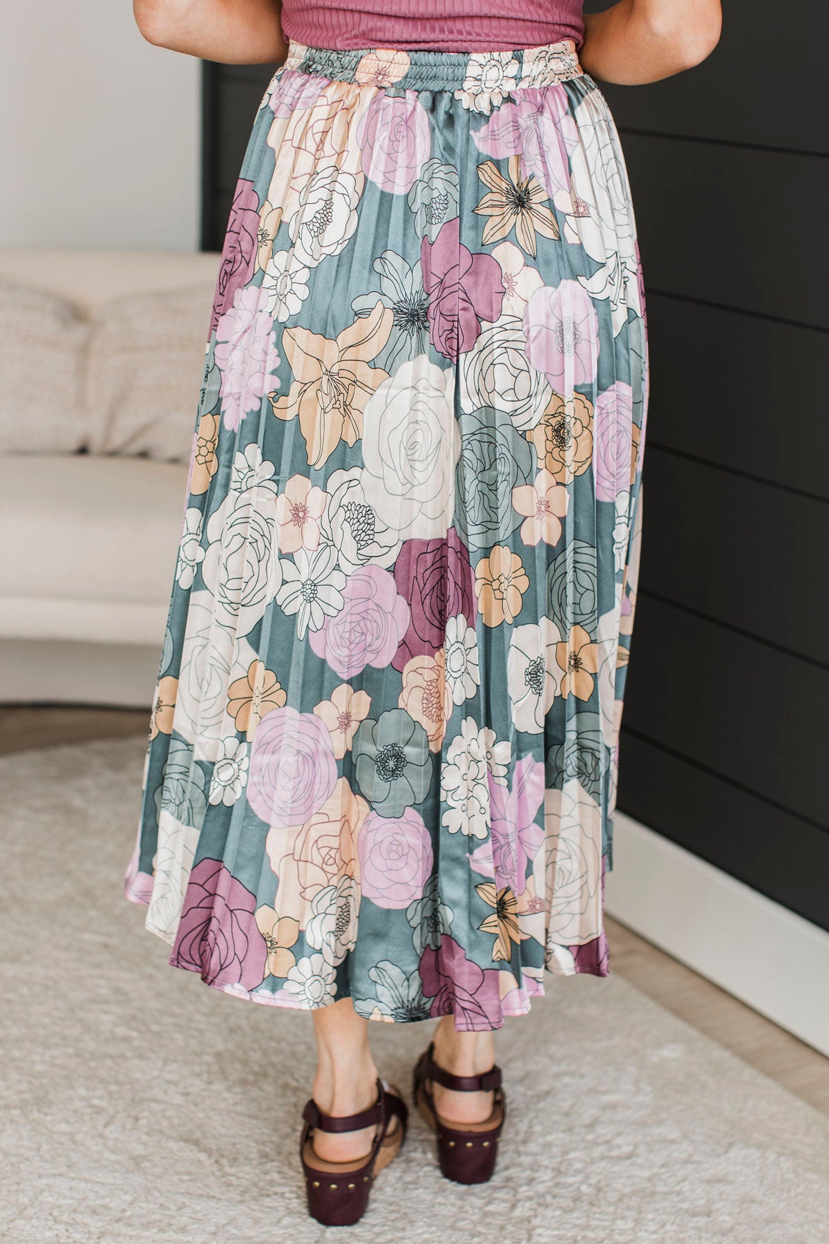 Perfect Like You Pleated Floral Skirt- Teal