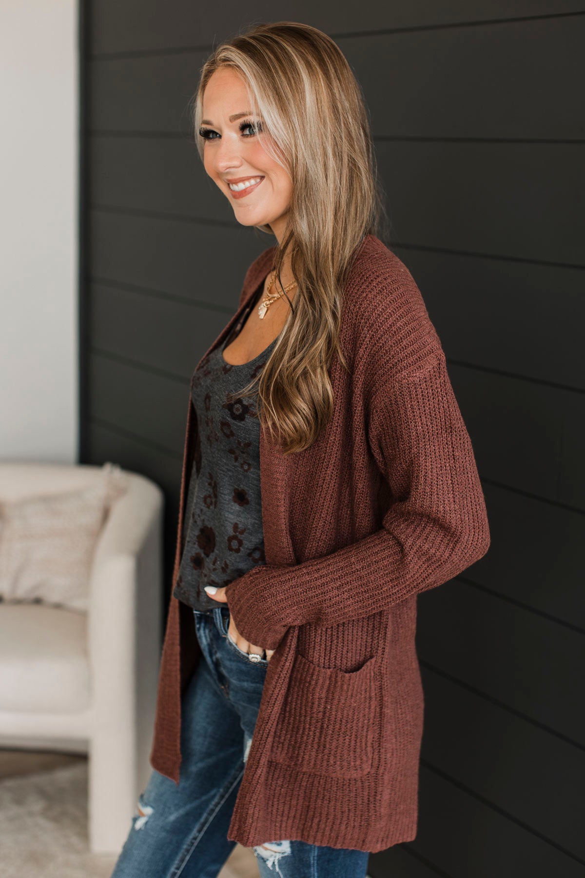 Take Me Places Knit Cardigan- Red Bean