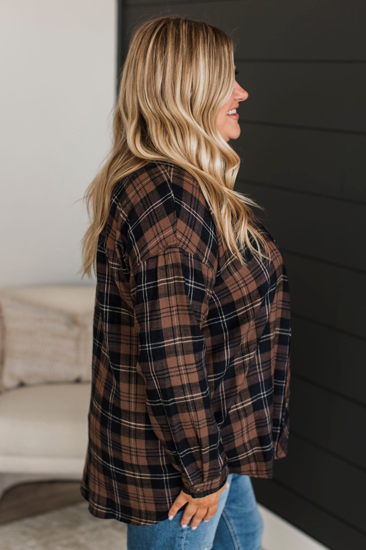 Perfect Times Plaid Button Top- Brown