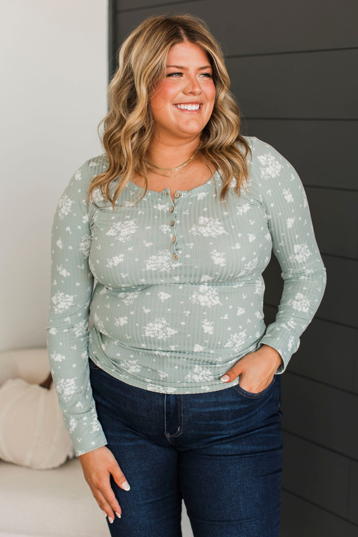 Call Me Lovely Floral Henley Top- Dusty Sage & White