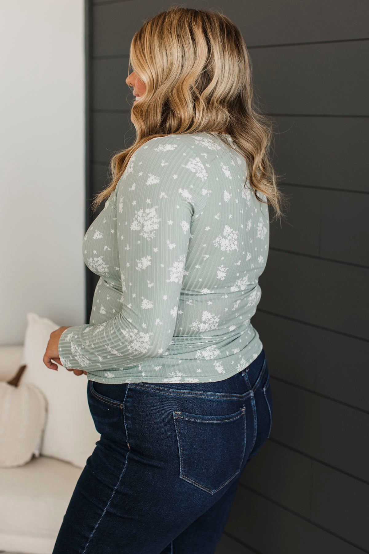 Call Me Lovely Floral Henley Top- Dusty Sage & White