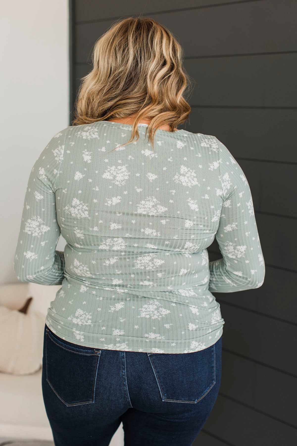 Call Me Lovely Floral Henley Top- Dusty Sage & White