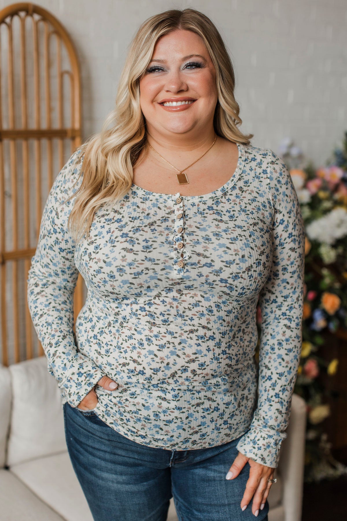 Feels Like Fate Floral Henley Top- Ivory & Blue