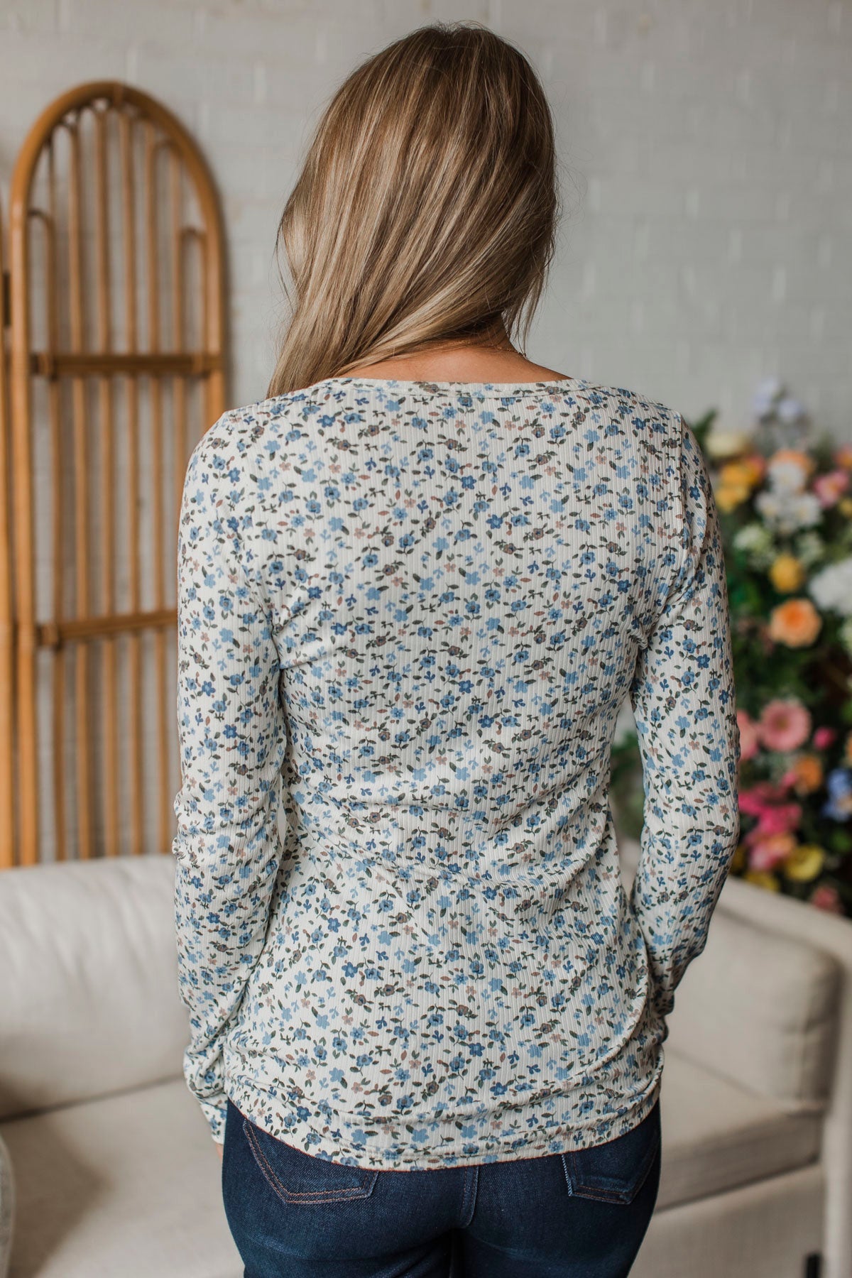 Feels Like Fate Floral Henley Top- Ivory & Blue